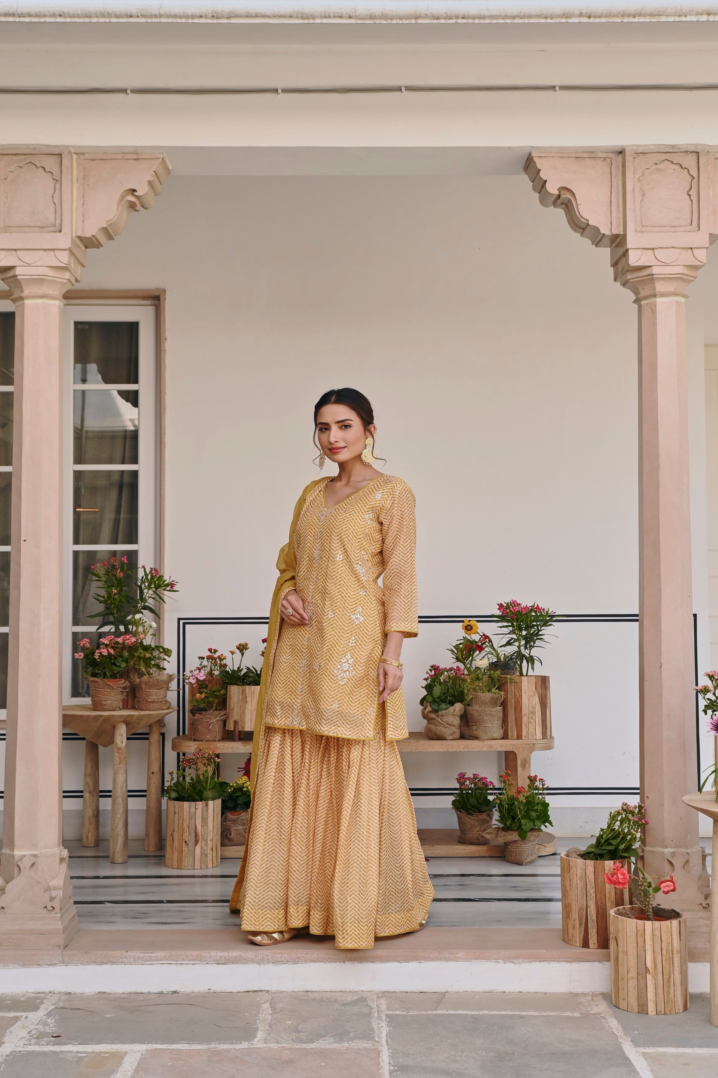 Mustard Embellished Chanderi Silk Sharara Set