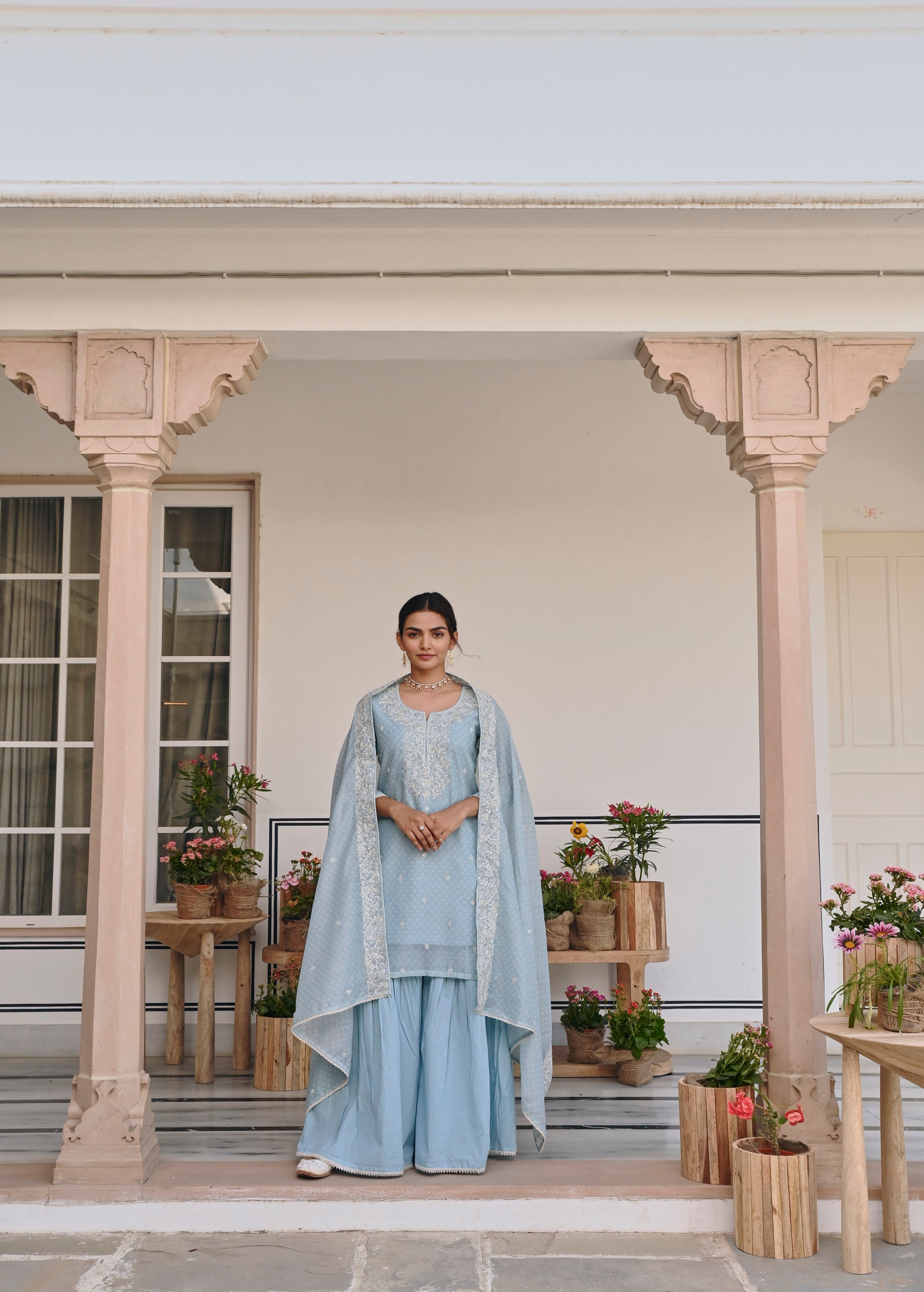Sky Blue Printed Chanderi Silk Sharara Set