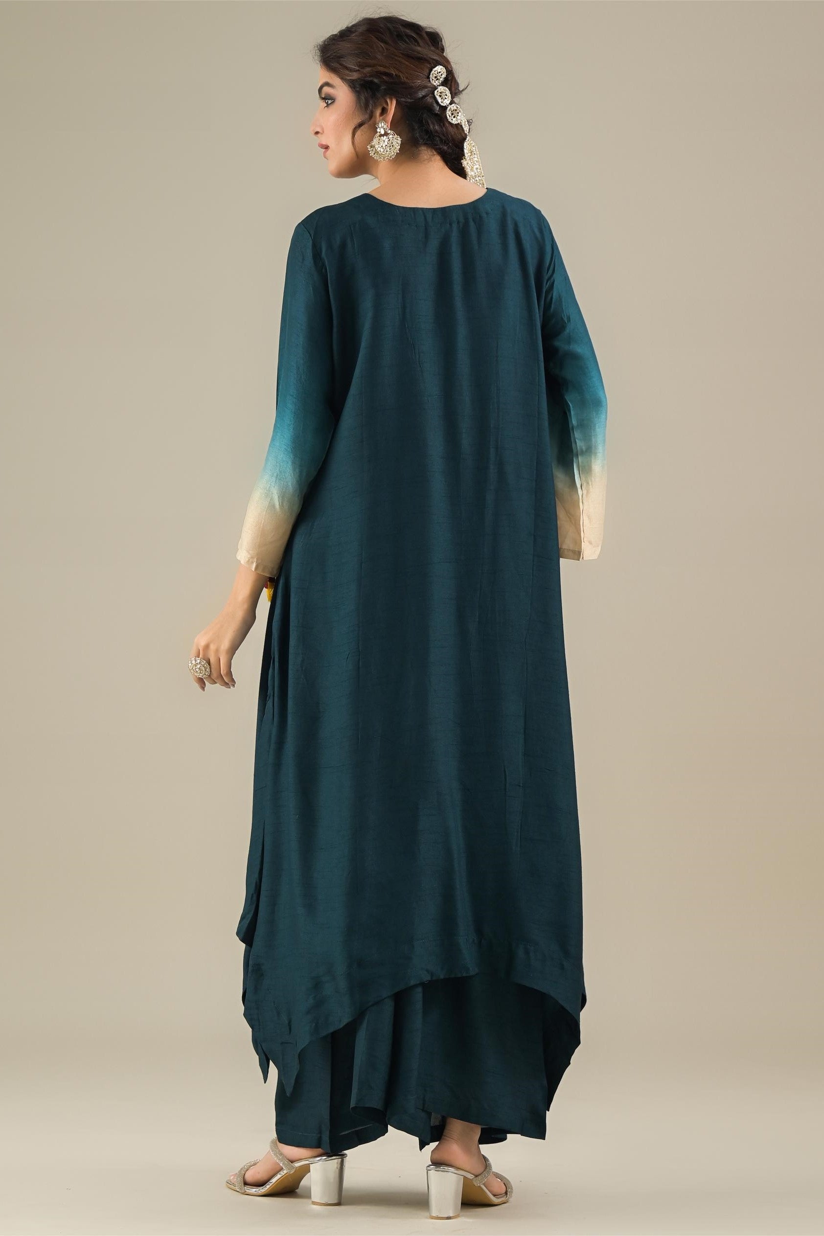 Deep Teal Embroidered Raw Silk Kurta & Palazzo Set