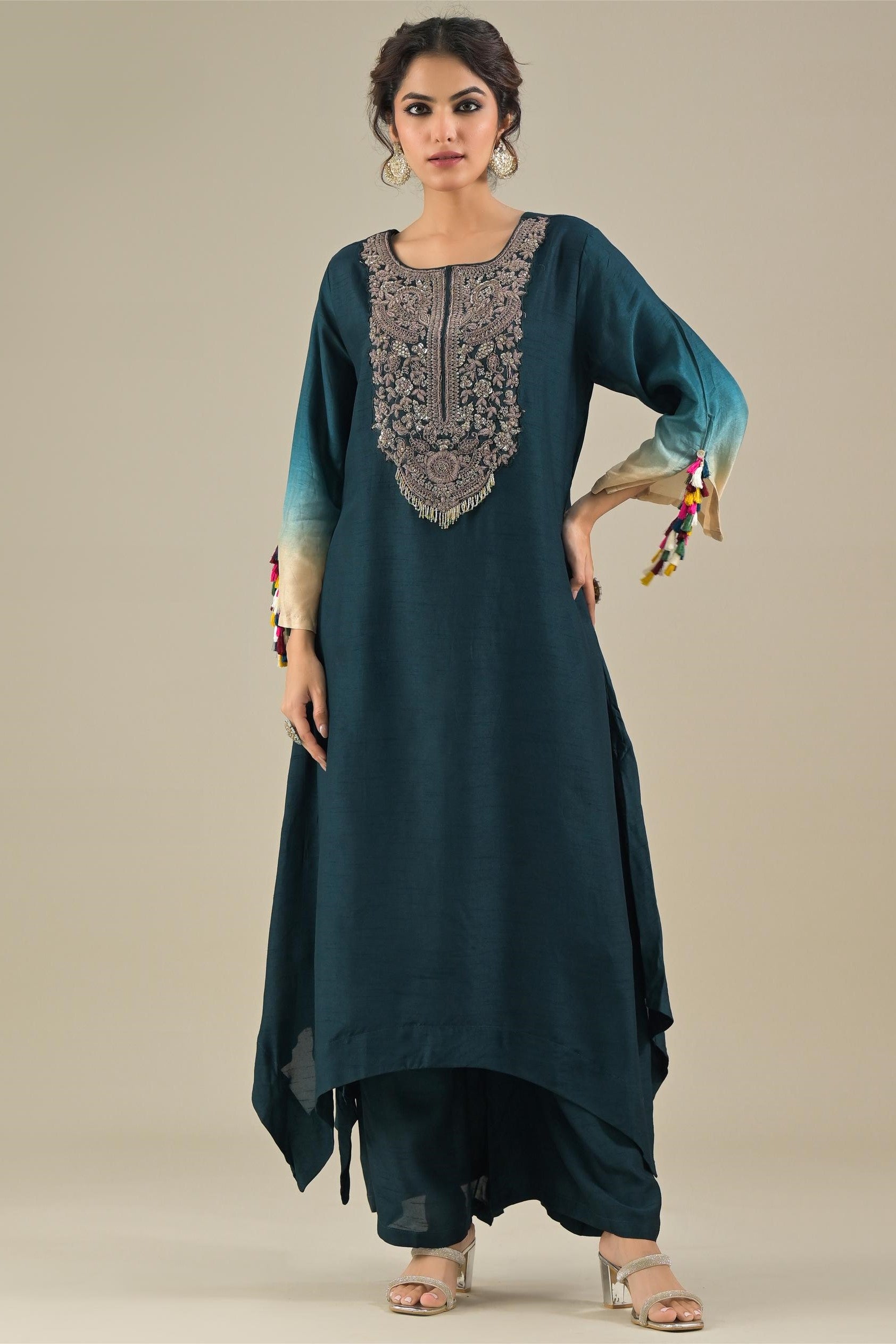 Deep Teal Embroidered Raw Silk Kurta & Palazzo Set