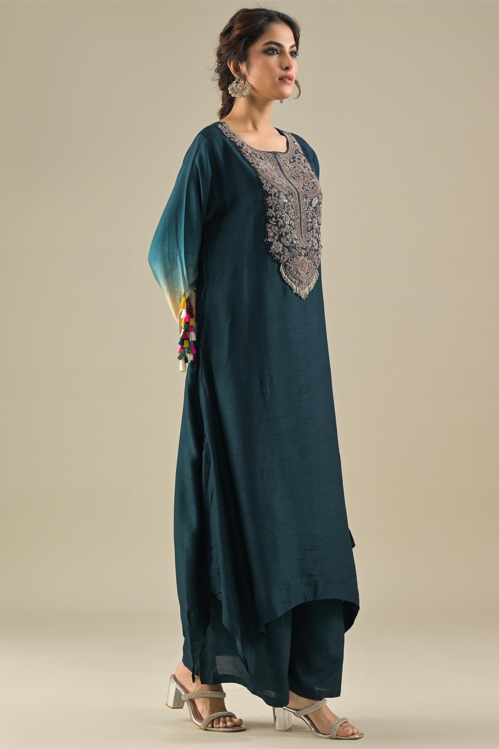 Deep Teal Embroidered Raw Silk Kurta & Palazzo Set