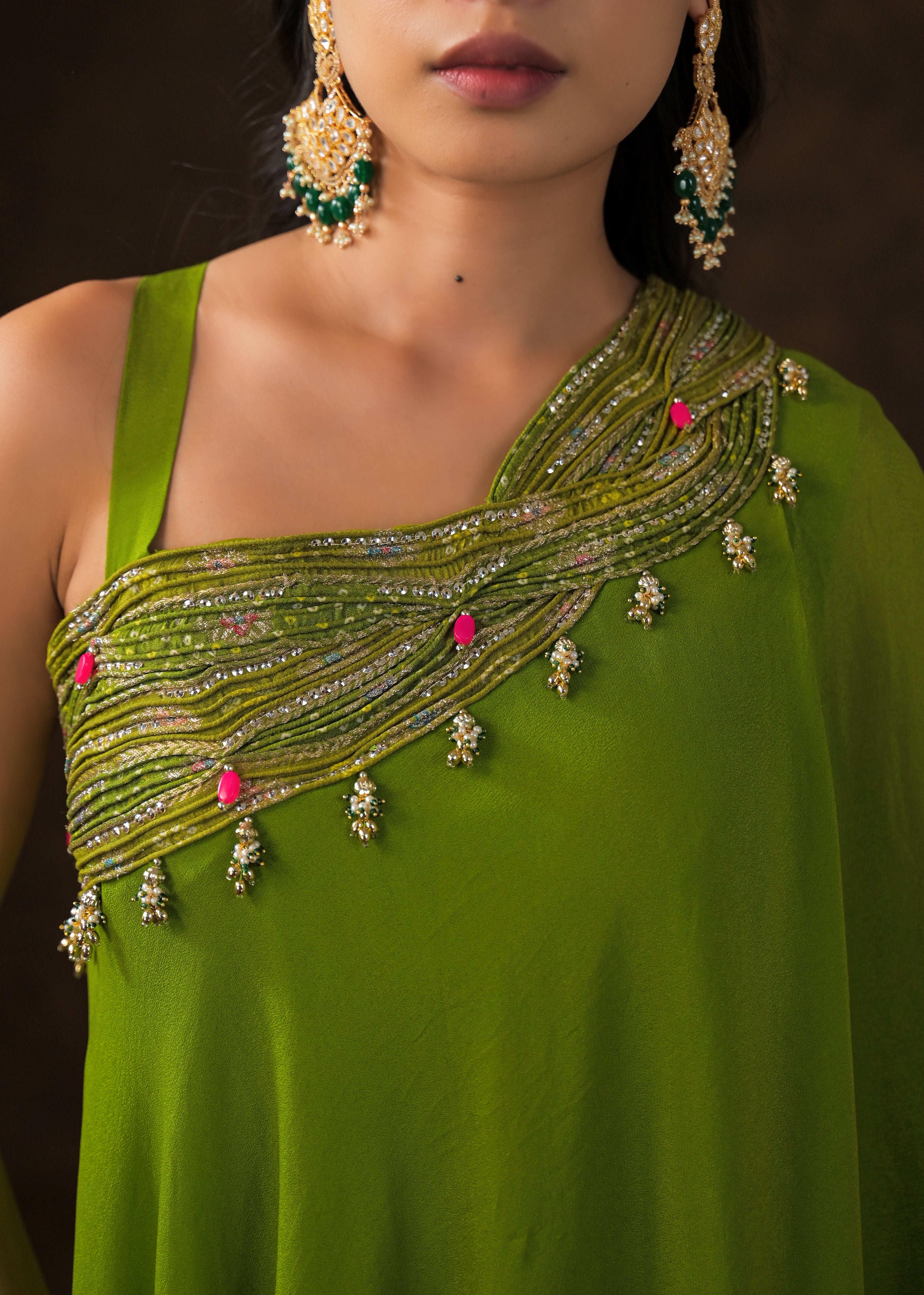 Lime Green Embellished Georgette Silk Palazzo Set