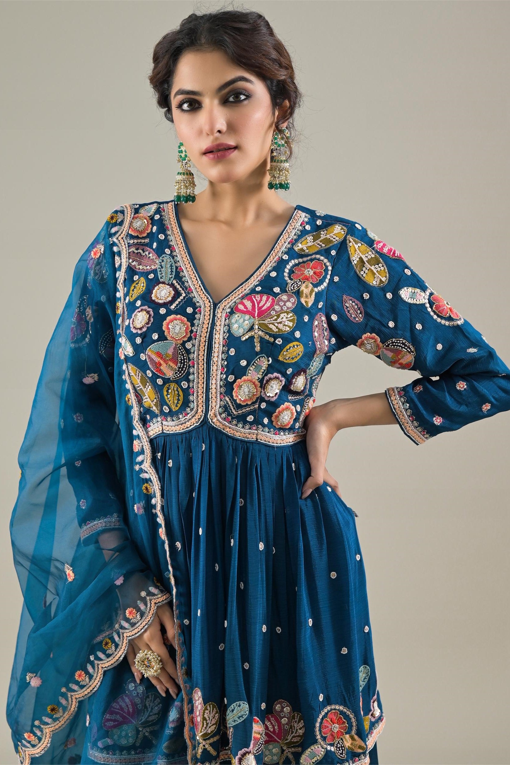 Ocean Blue Embroidered Chinon Silk Sharara Set