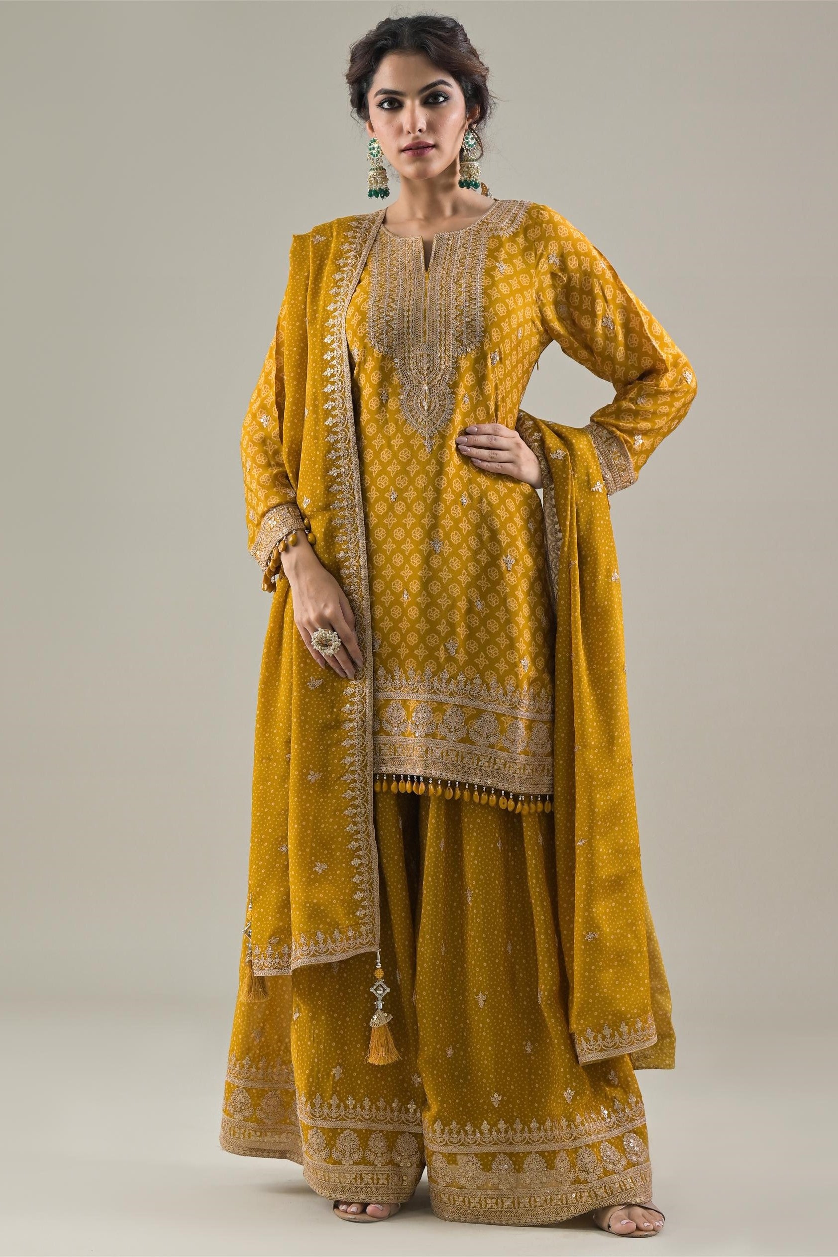 Ochre Yellow Bandhej Printed Chinon Silk Palazzo Set