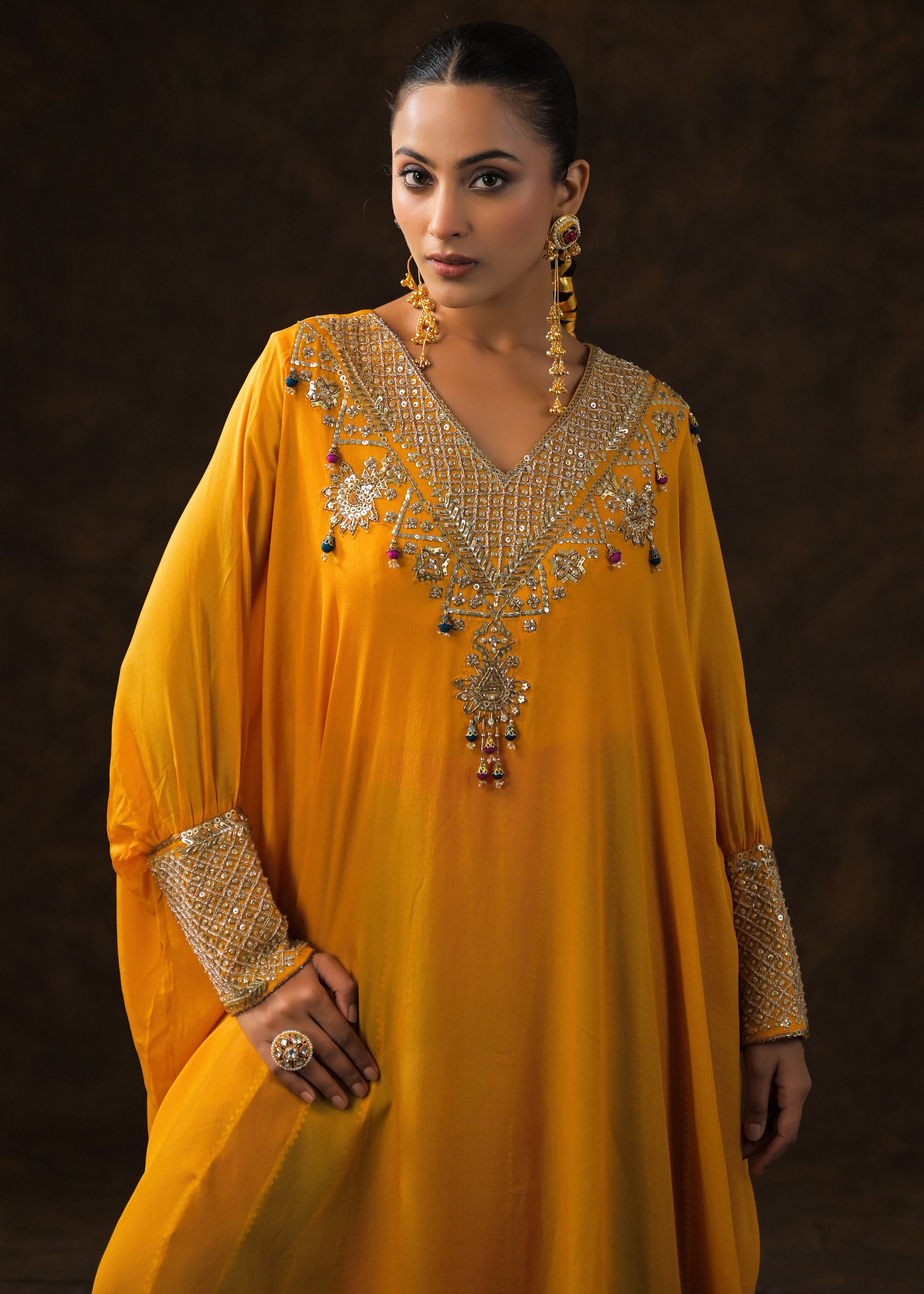 Golden Yellow Embellished Chinon Silk Palazzo Set