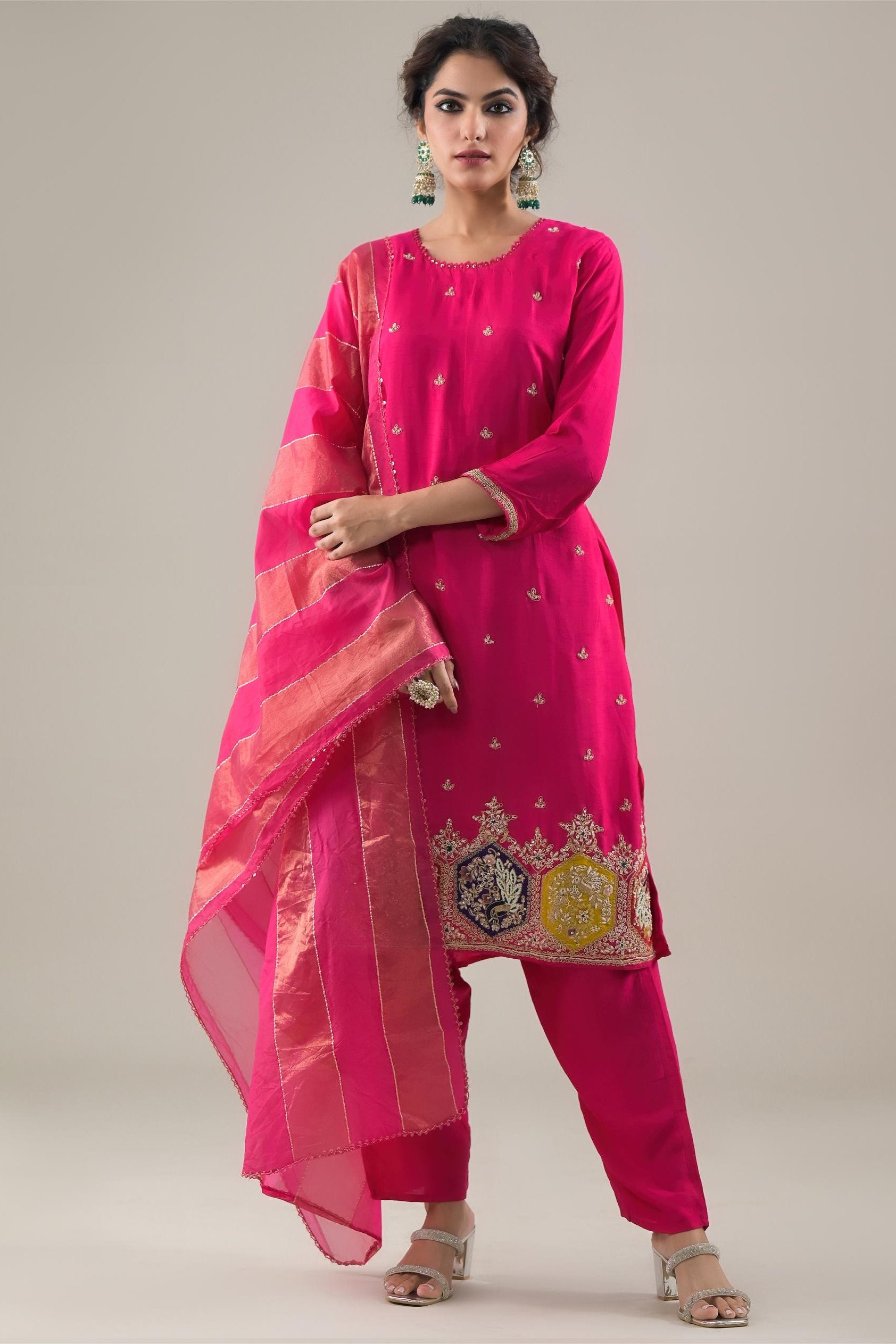 Rani Pink Embroidered Raw Silk Pants Set