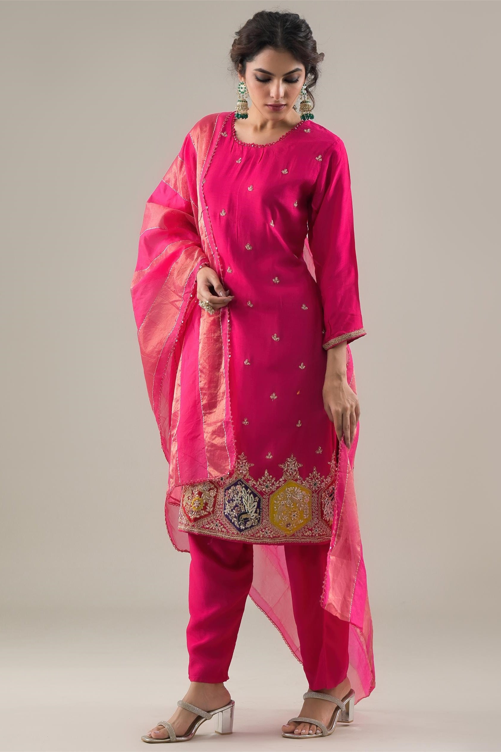 Rani Pink Embroidered Raw Silk Pants Set