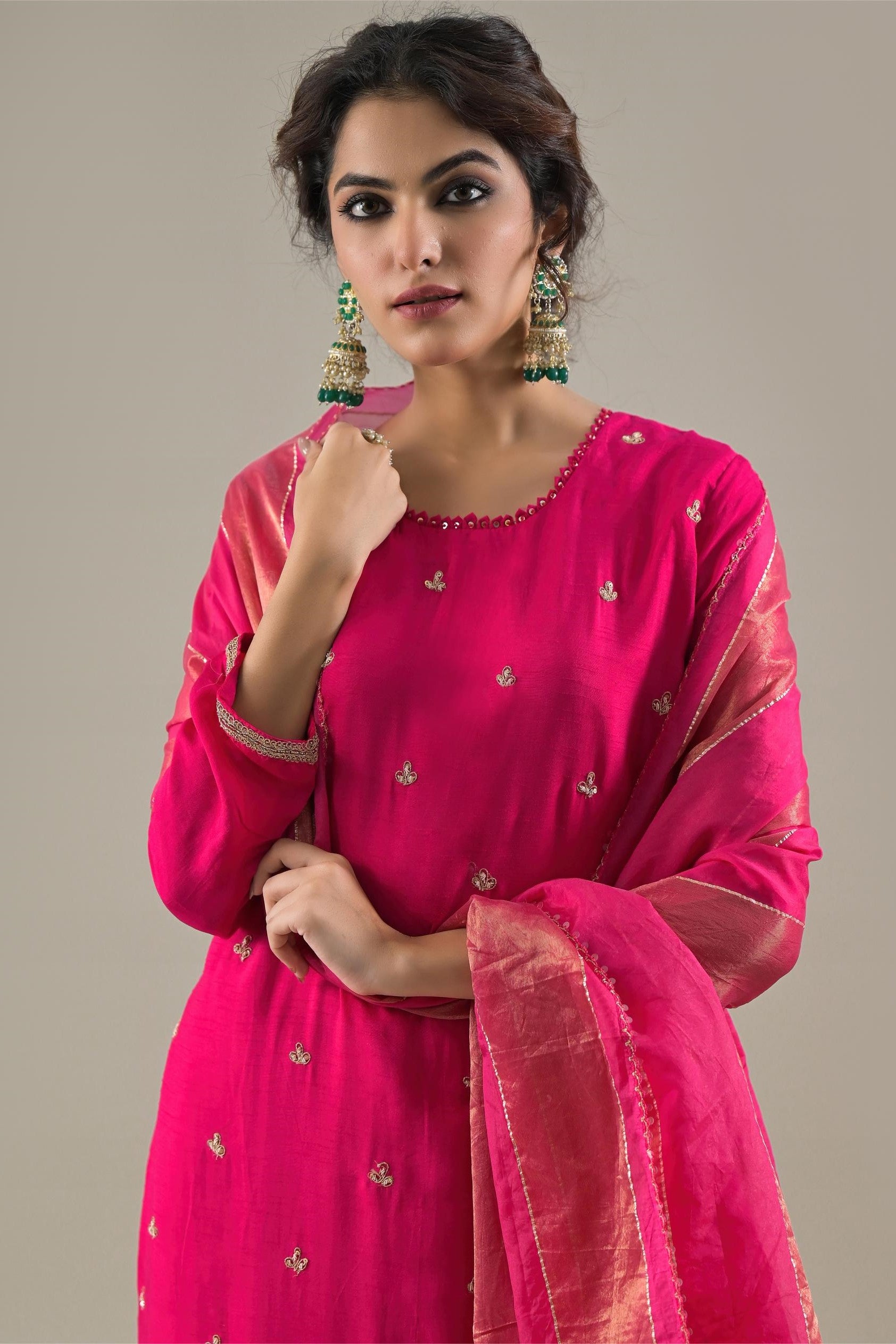 Rani Pink Embroidered Raw Silk Pants Set