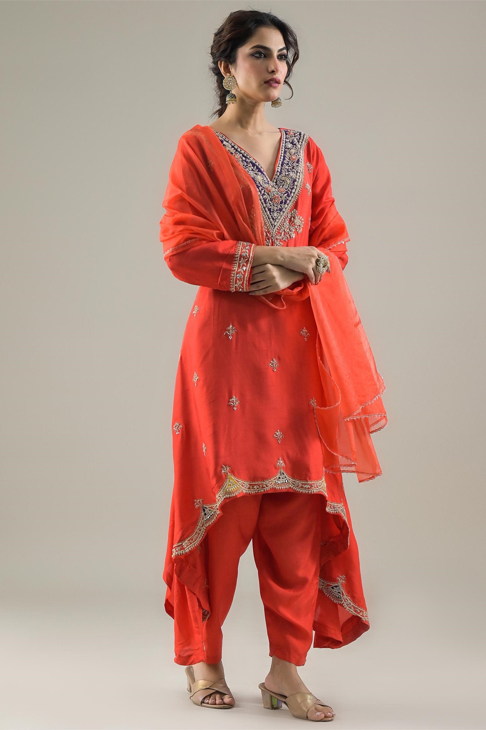 Scarlet Red Embroidered Raw Silk Pants Set