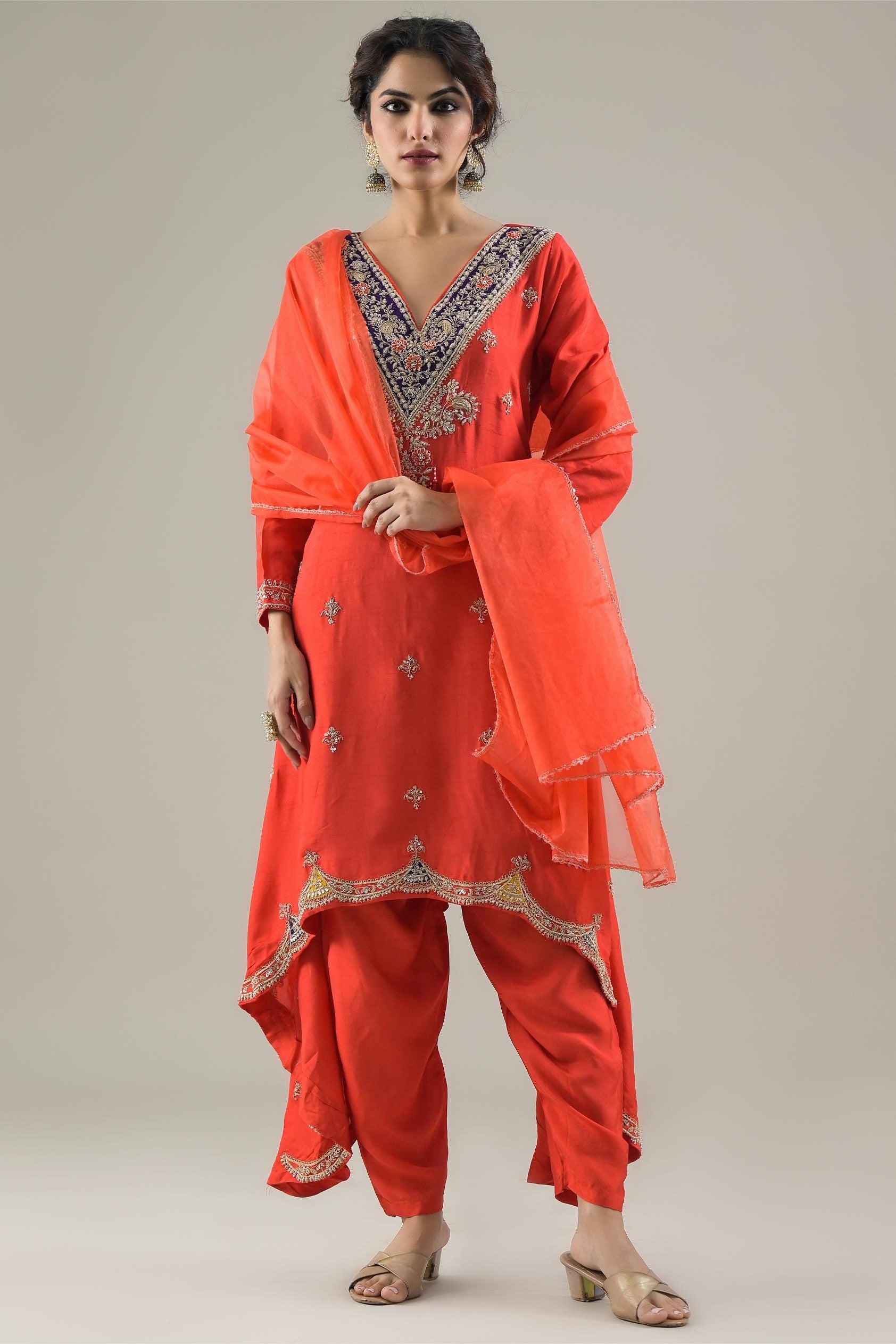 Scarlet Red Embroidered Raw Silk Pants Set