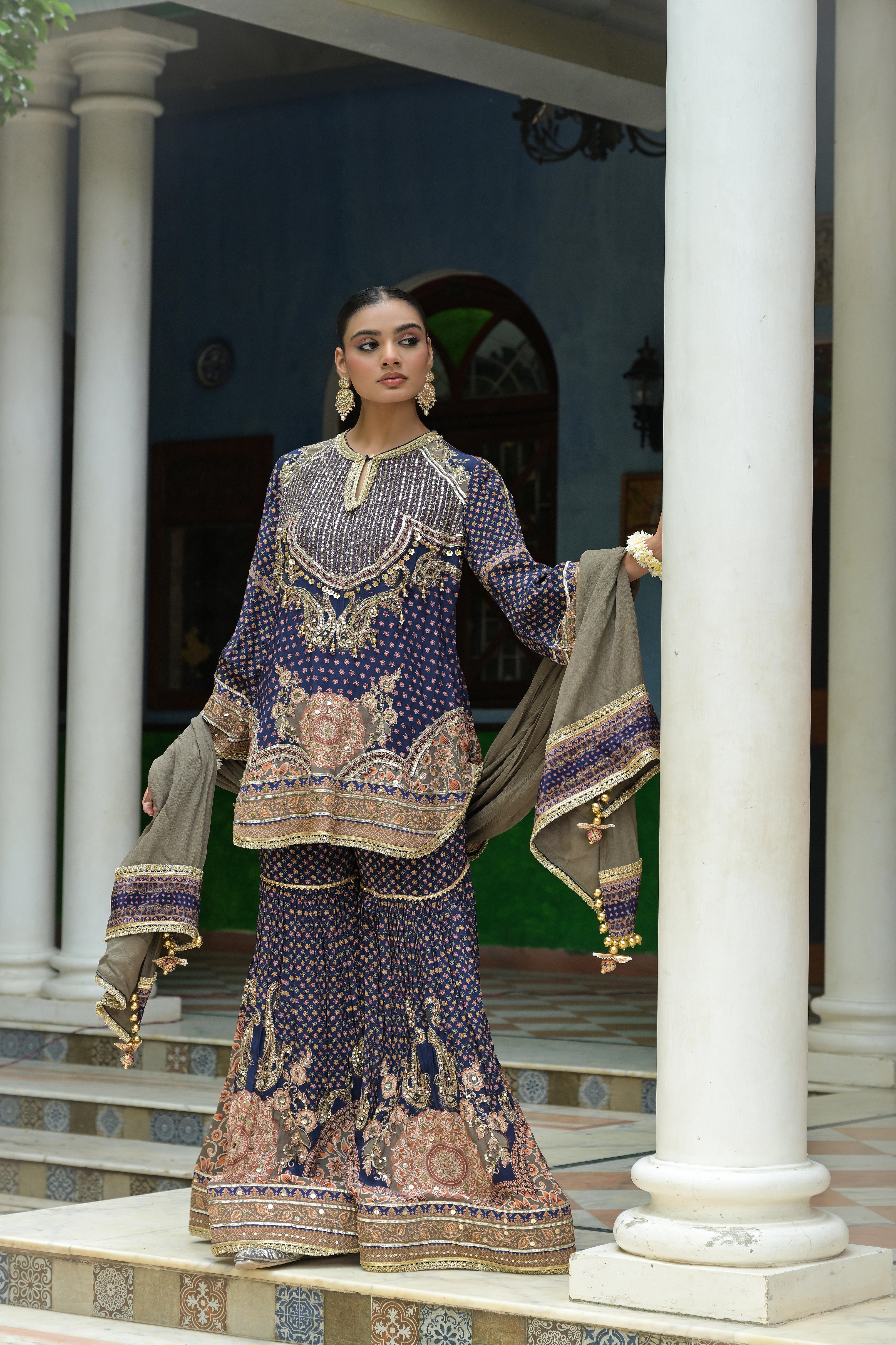 Deep Navy Embellished Crepe Silk Sharara Set