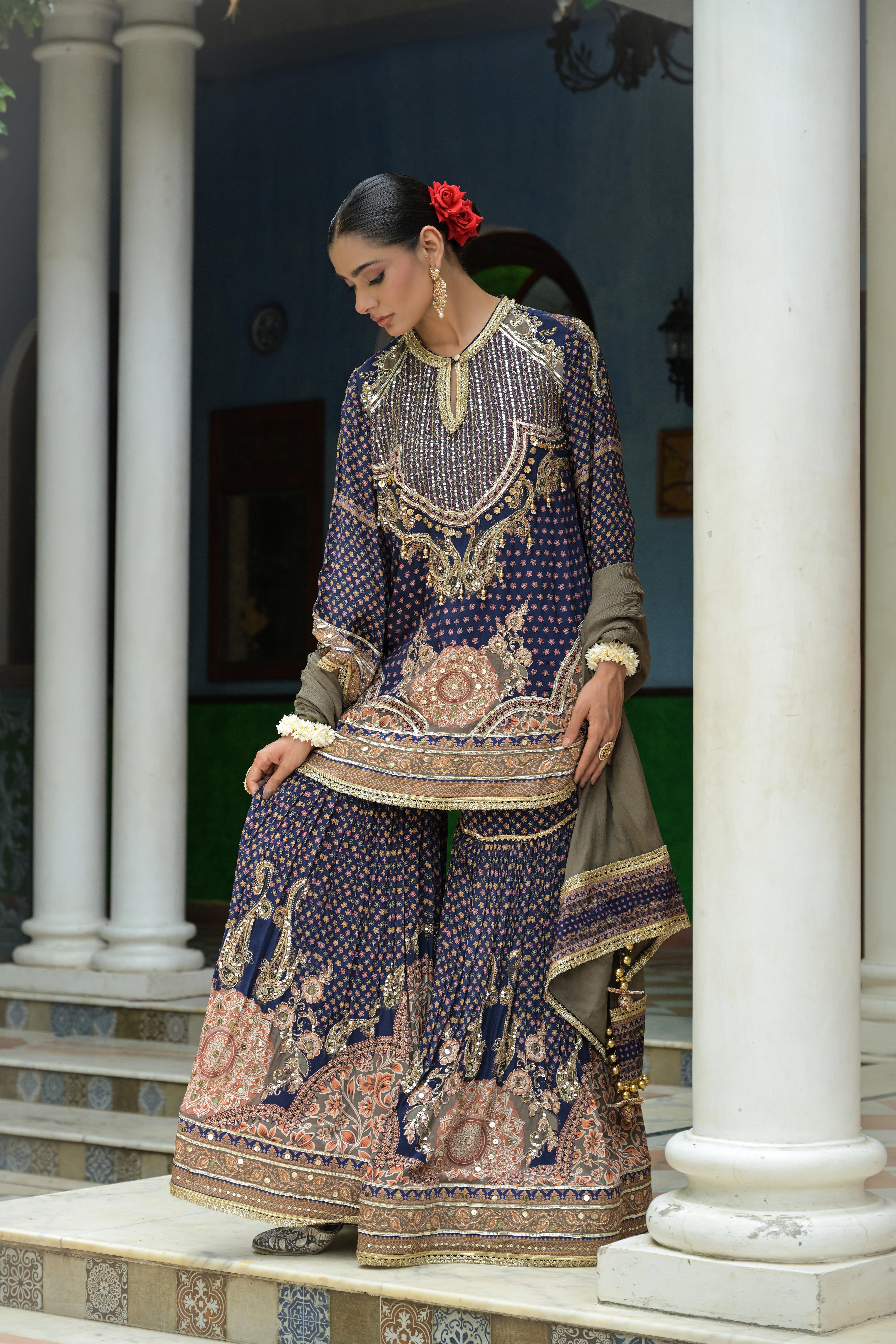 Deep Navy Embellished Crepe Silk Sharara Set