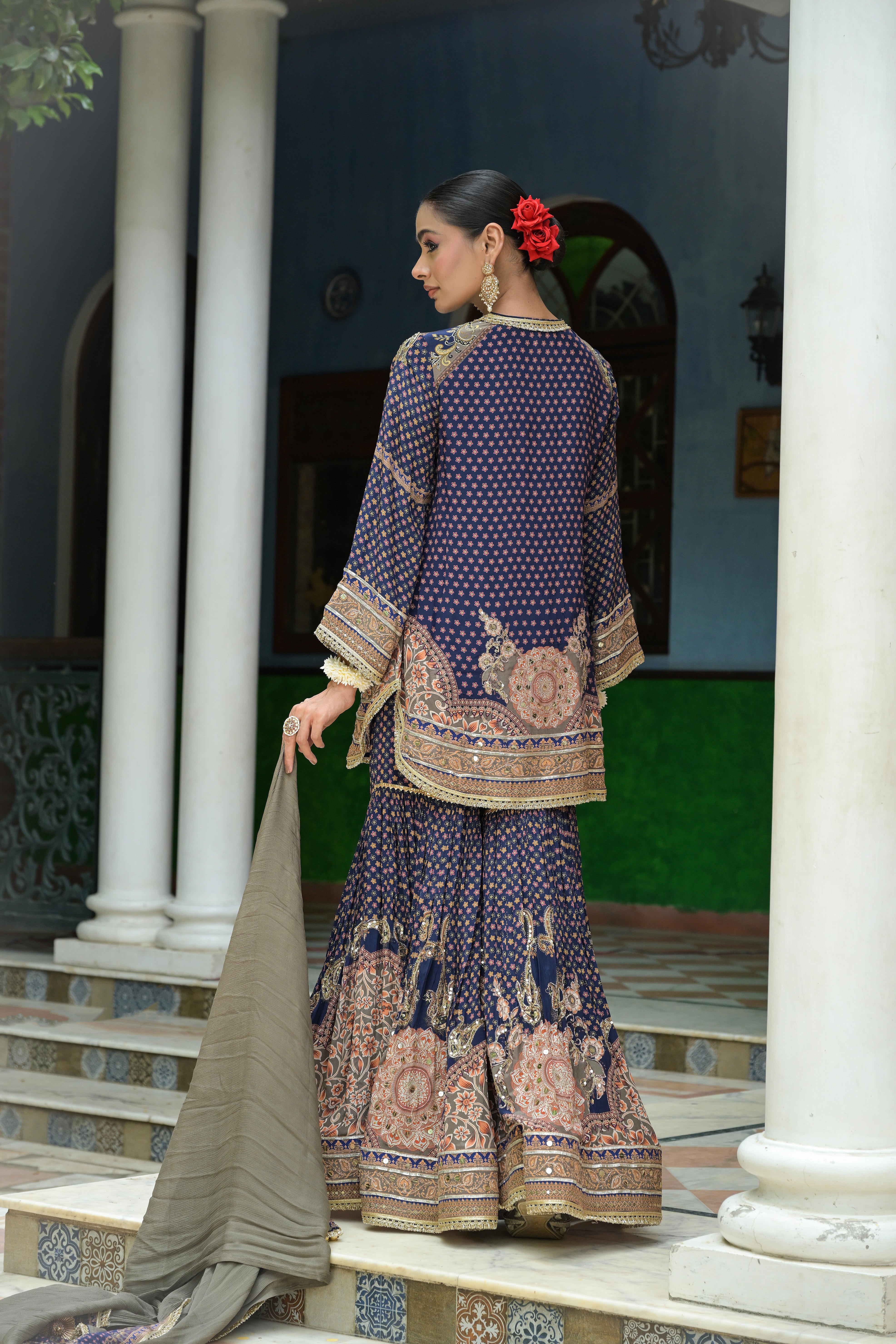 Deep Navy Embellished Crepe Silk Sharara Set
