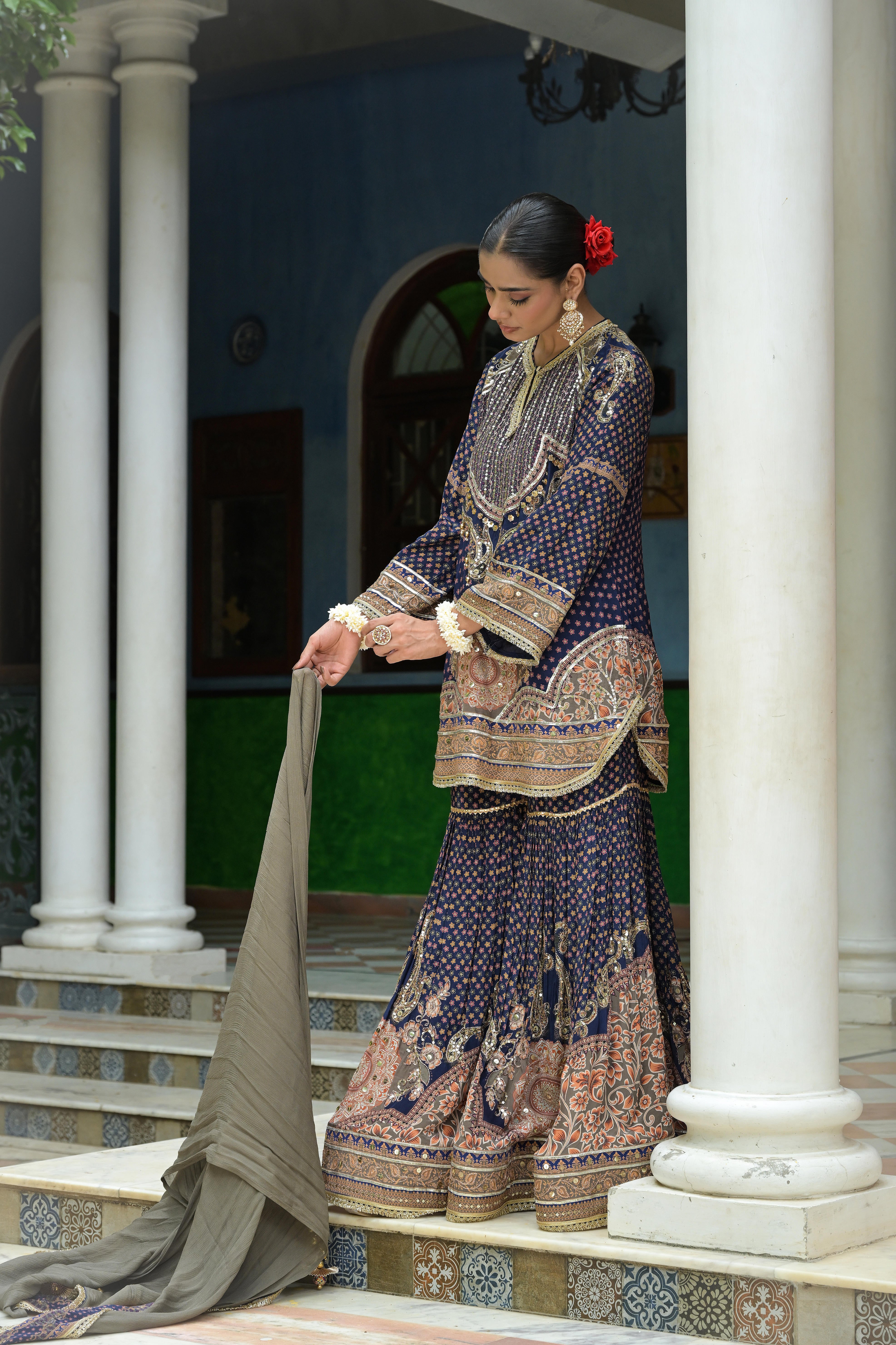 Deep Navy Embellished Crepe Silk Sharara Set