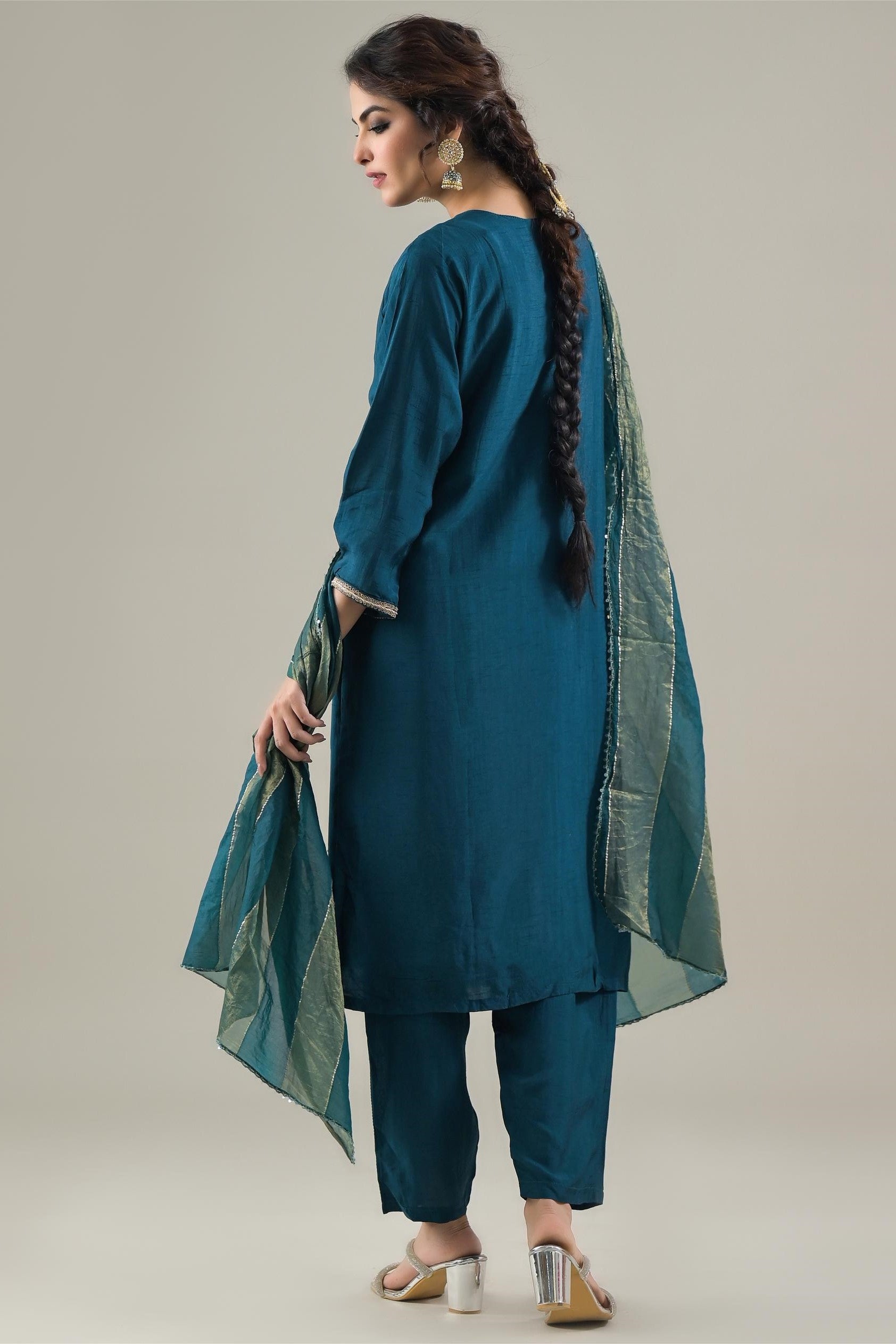 Ocean Blue Embroidered Raw Silk Pants Set