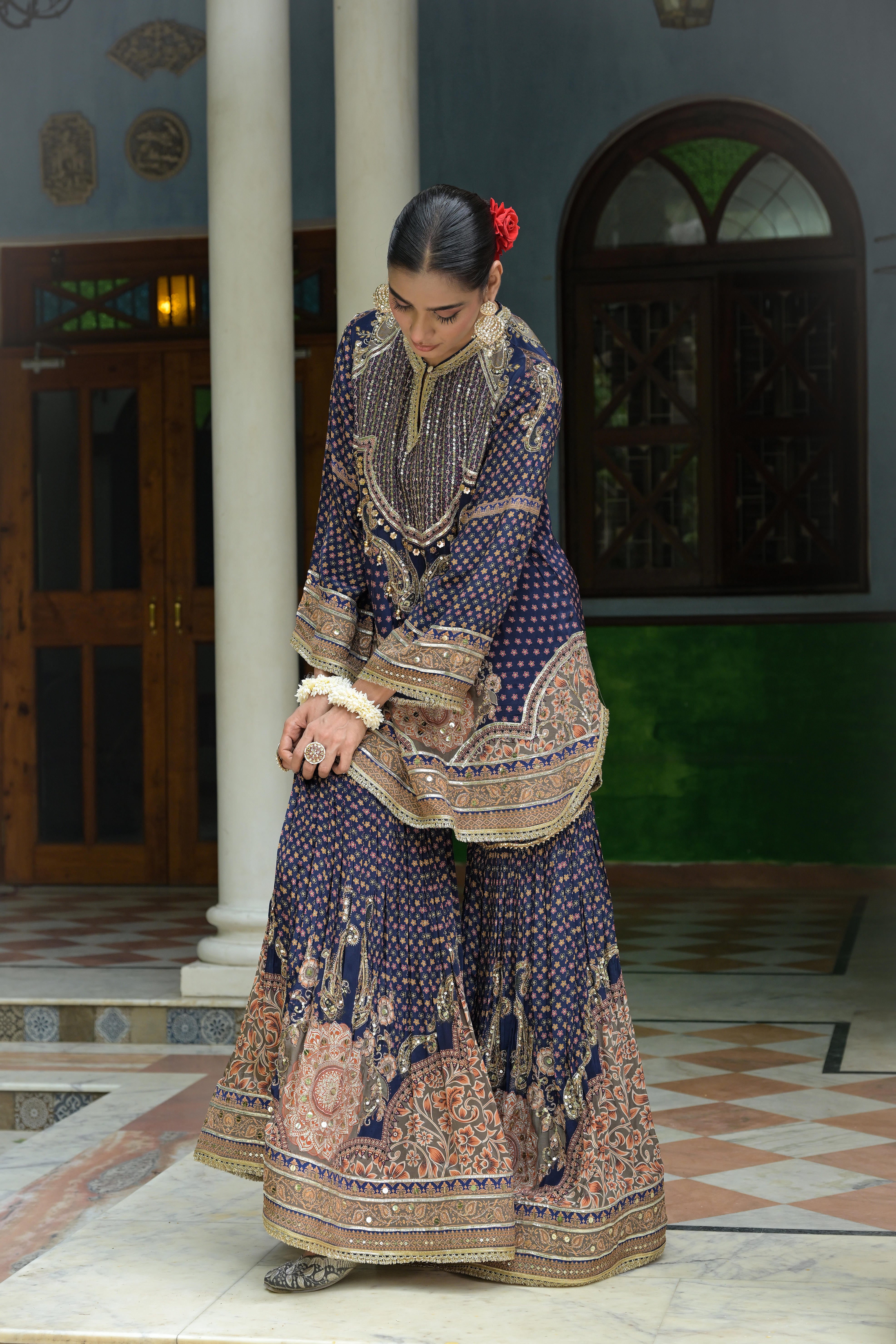 Deep Navy Embellished Crepe Silk Sharara Set