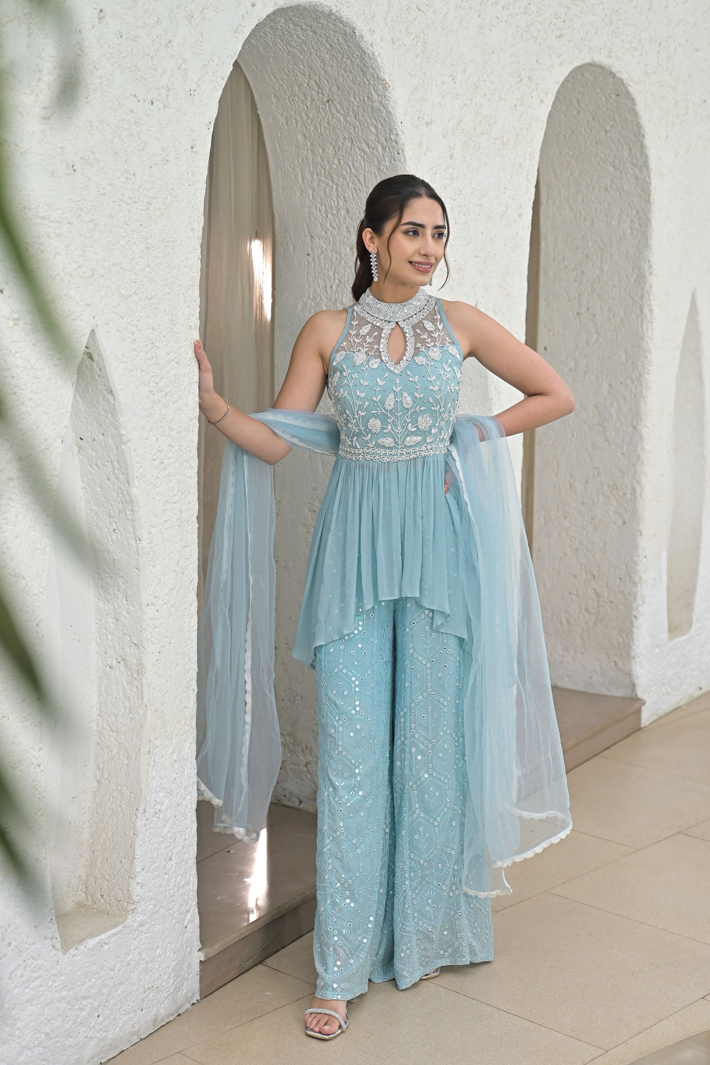 Light Blue Georgette Silk Palazzo Set