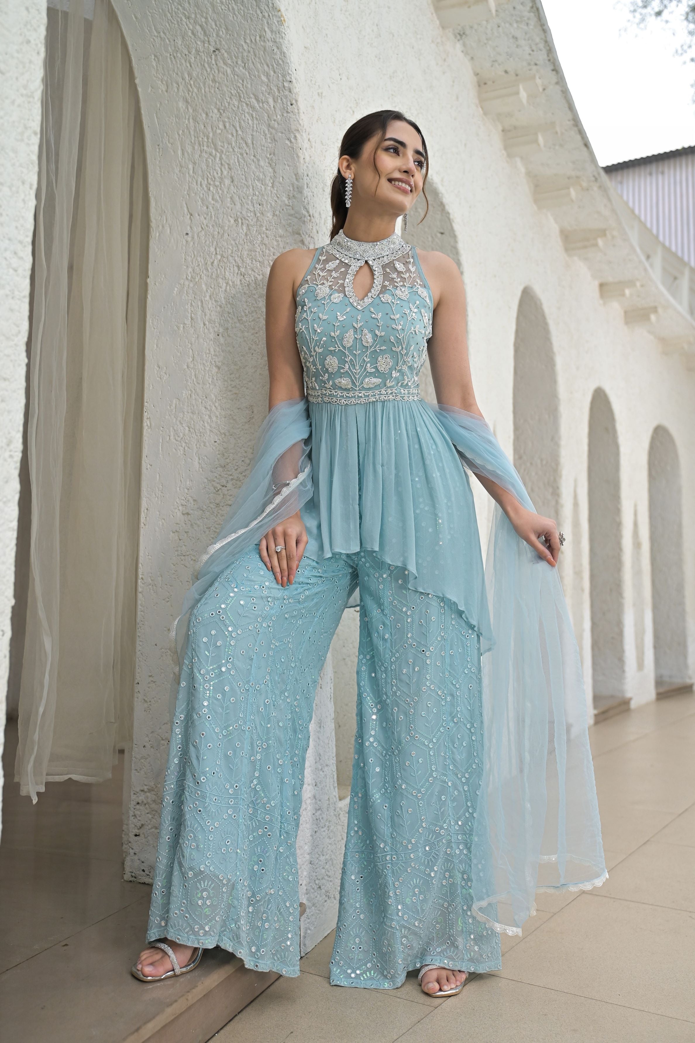 Light Blue Georgette Silk Palazzo Set