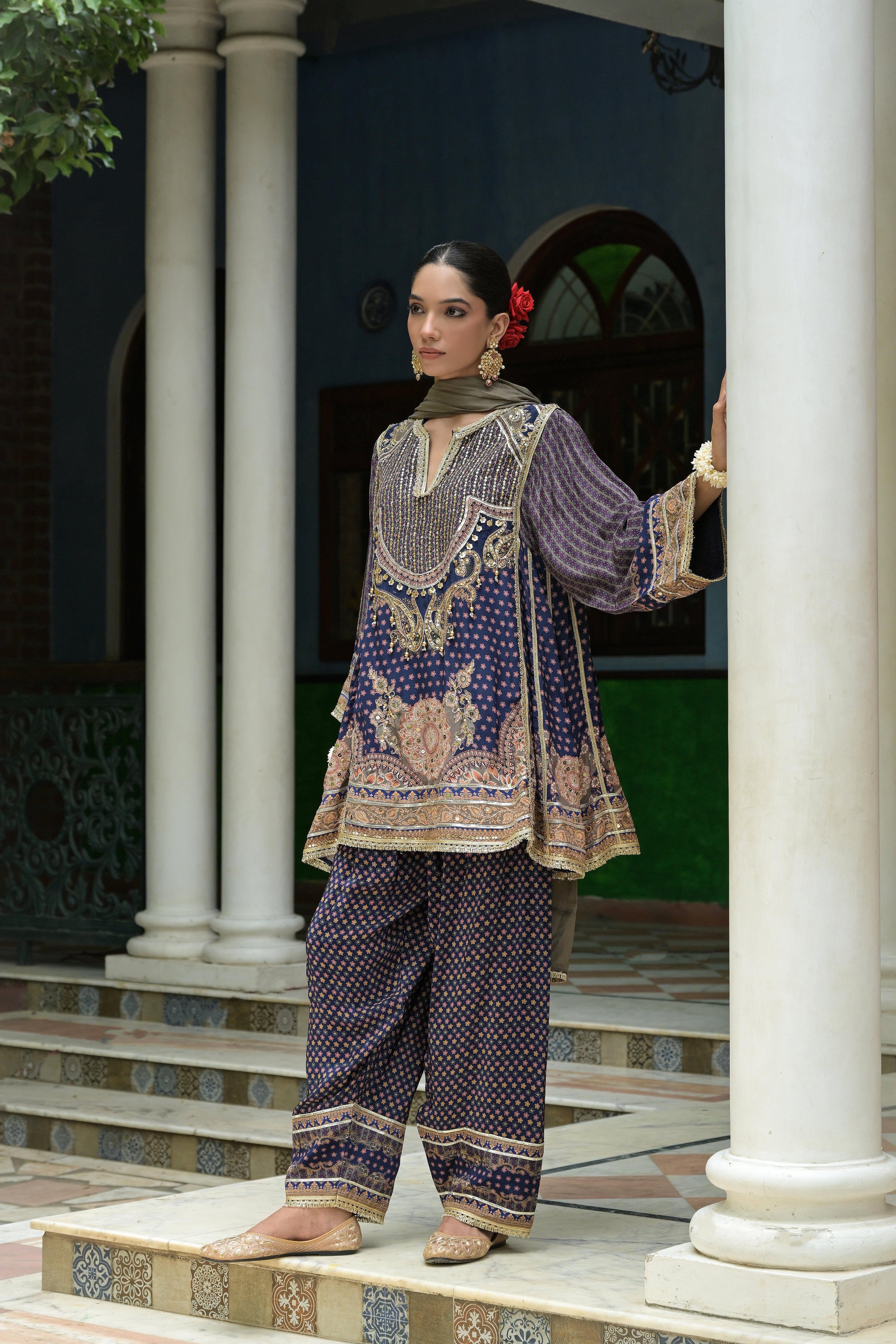 Navy Blue Embellished Crepe Silk Salwar Set