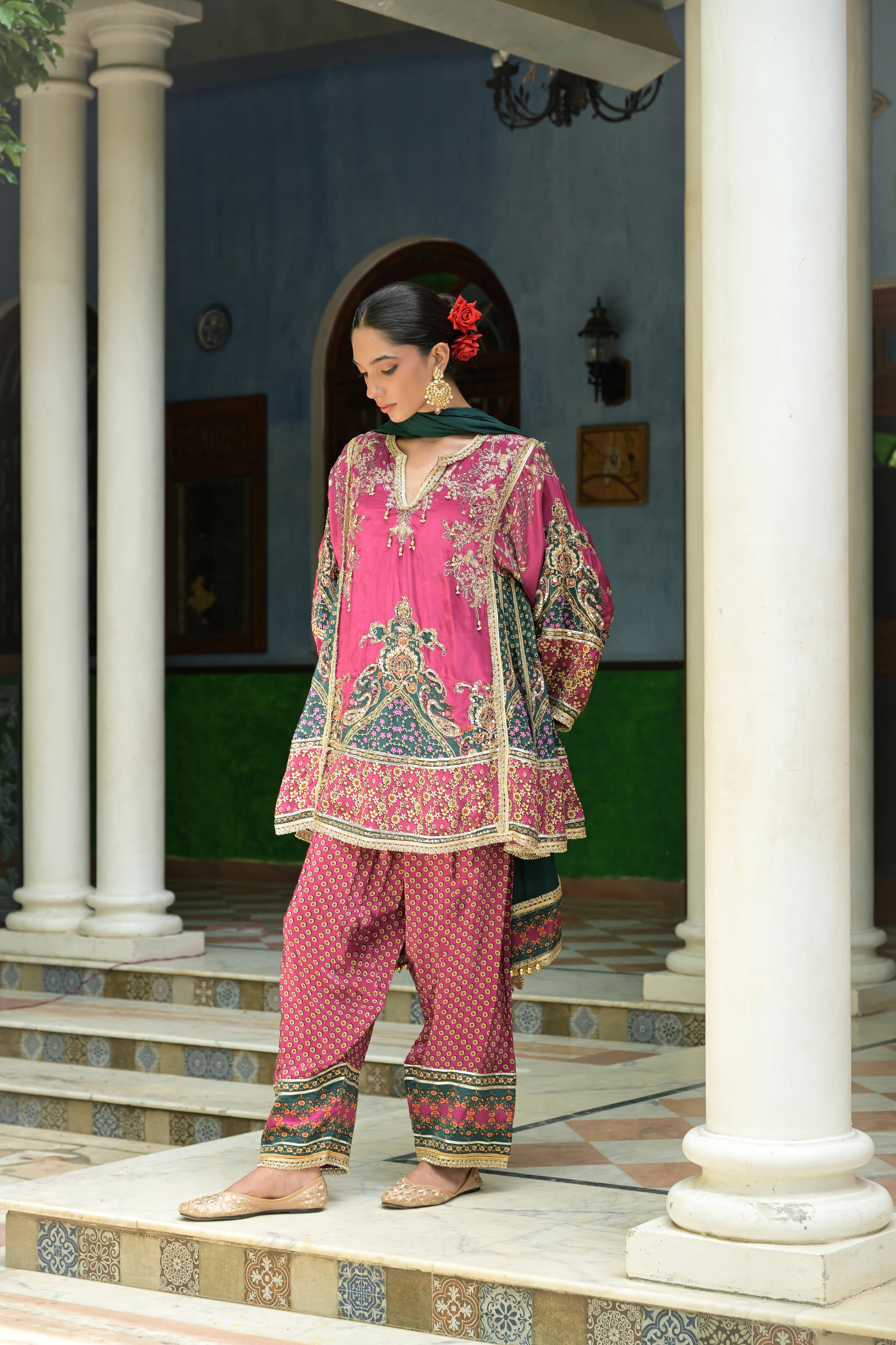 Rosy Pink Embellished Crepe Silk Salwar Set