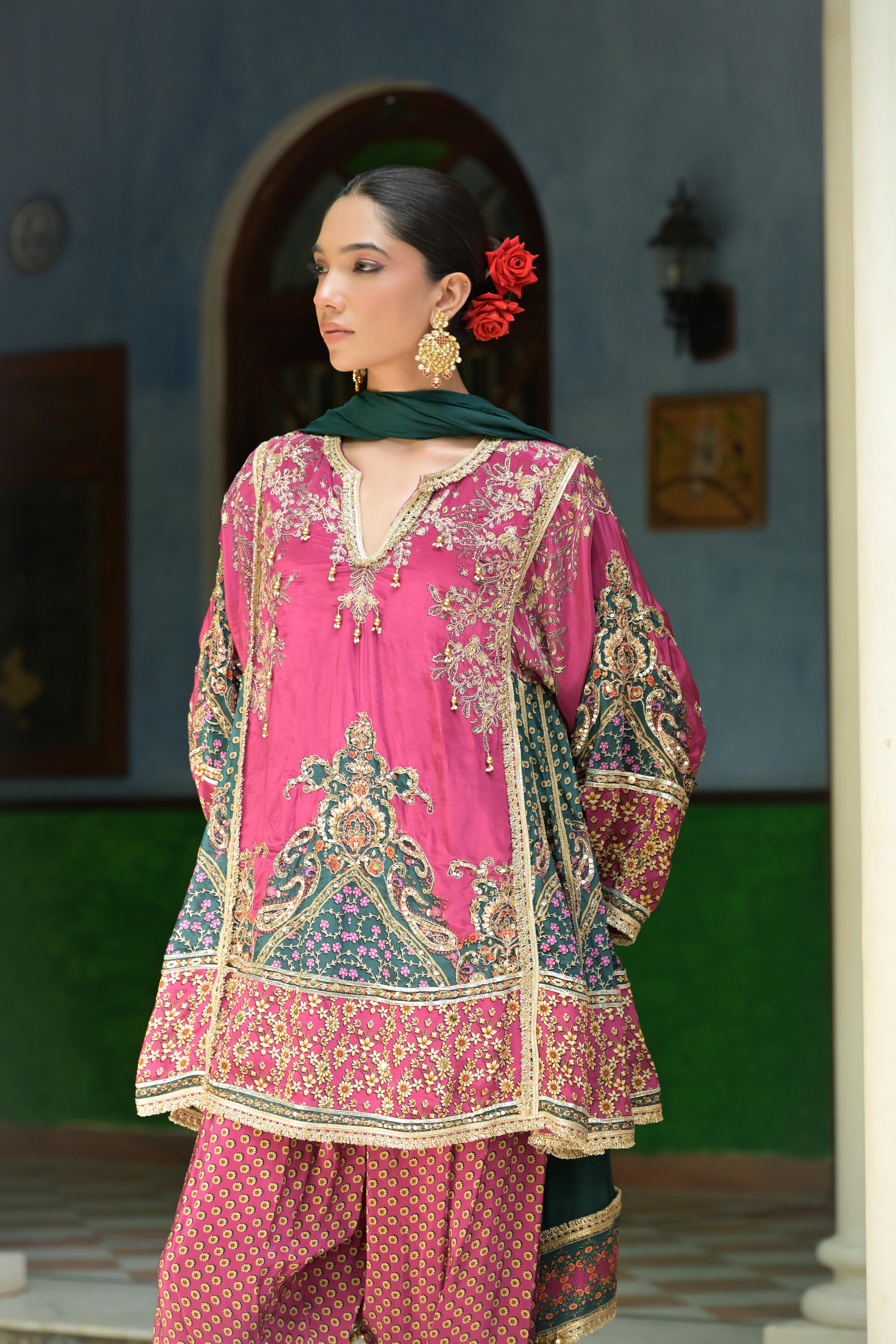 Rosy Pink Embellished Crepe Silk Salwar Set