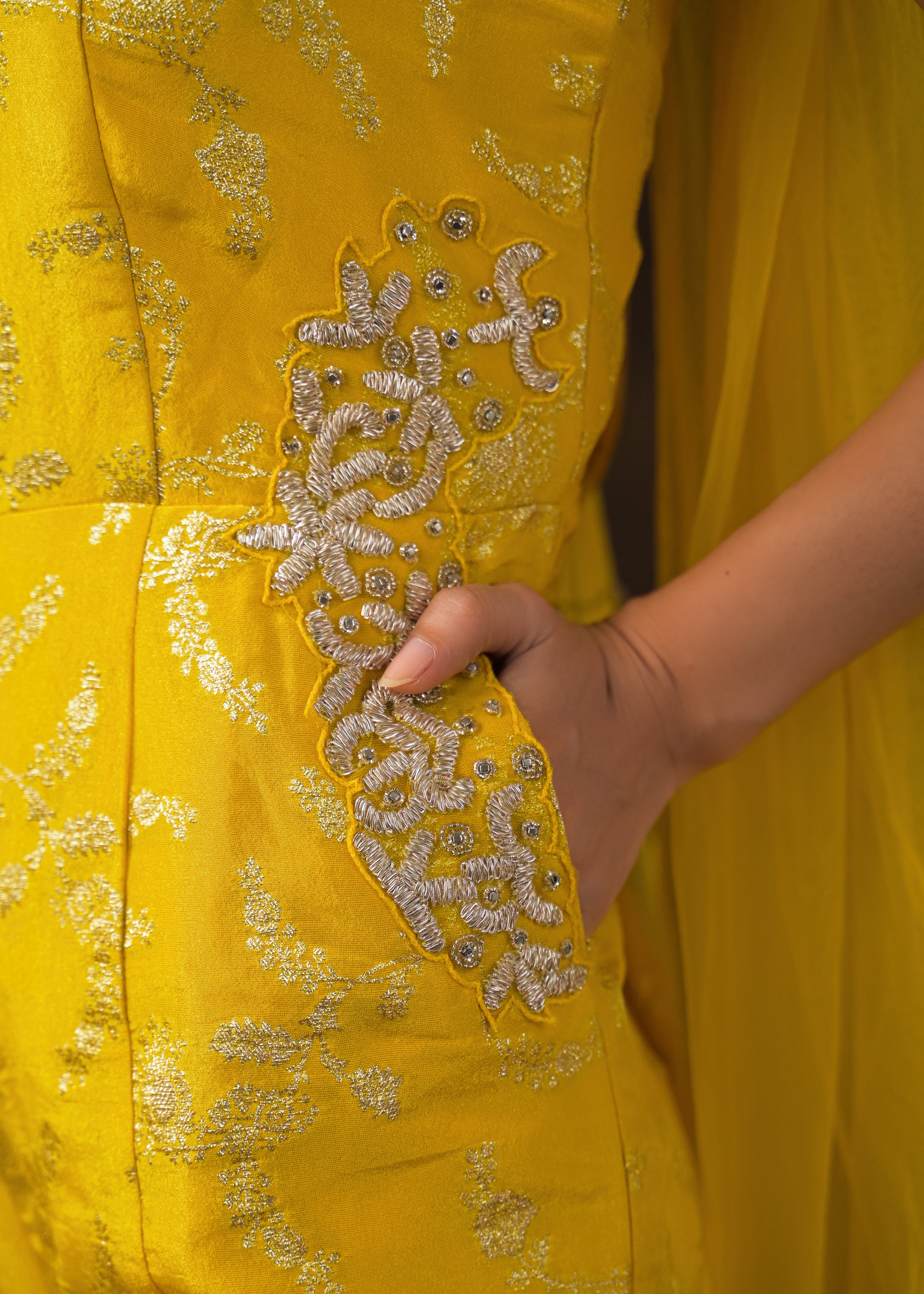 Canary Yellow Embellished Brocade Silk Jumpsuit Set