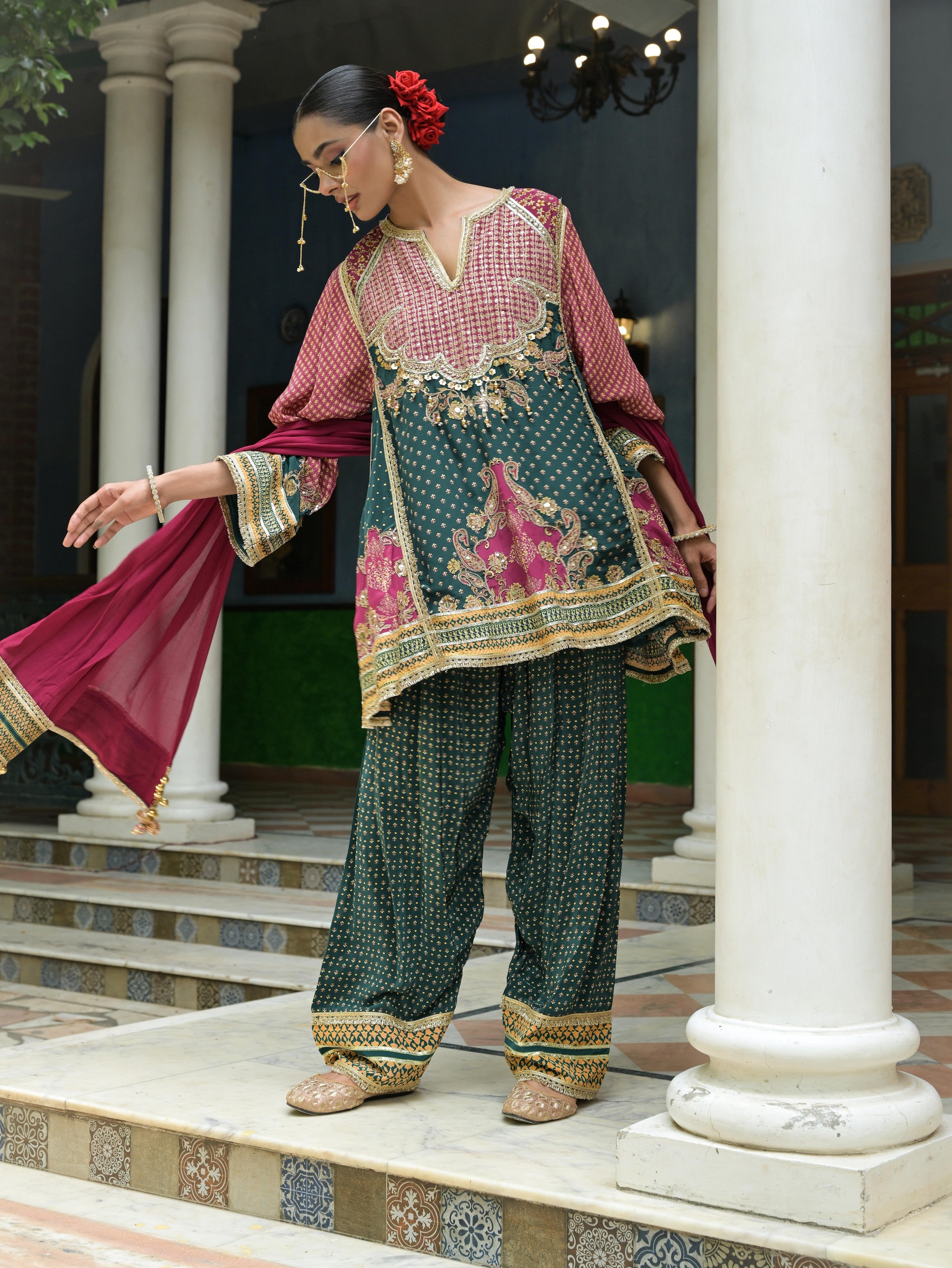 Emerald Green Embellished Crepe Silk Salwar Set