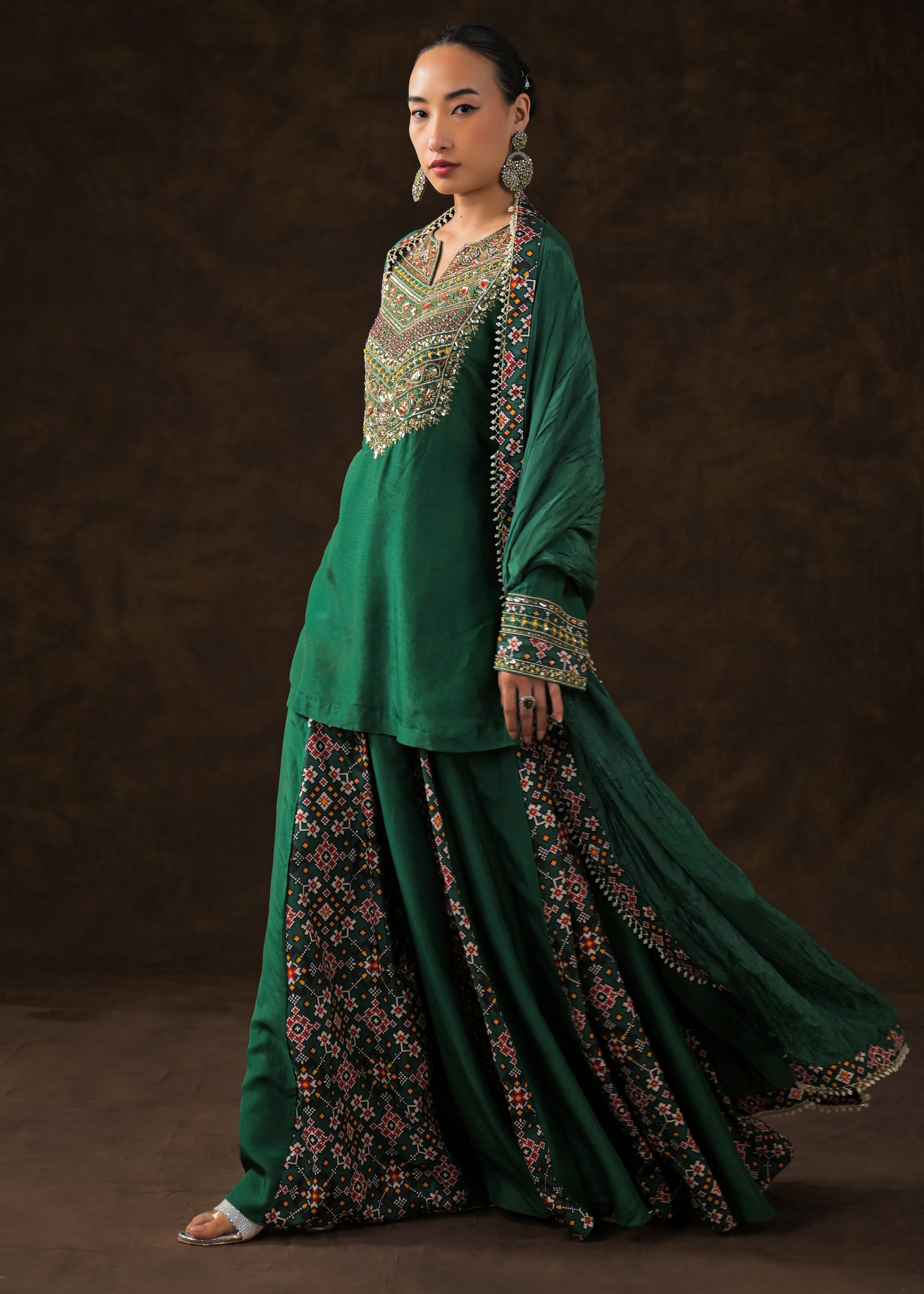 Emerald Green Embellished Raw Silk Palazzo Set
