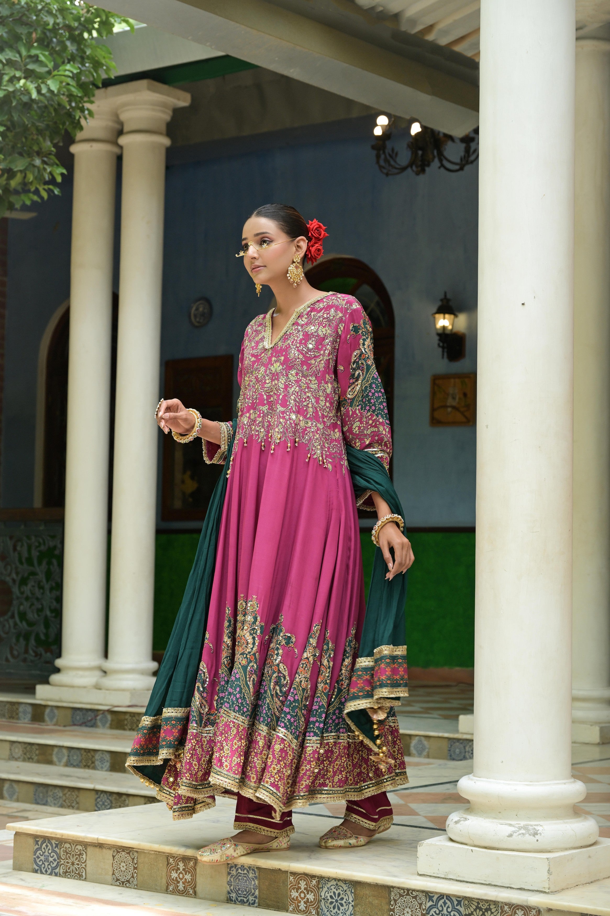 Rosy Pink Embellished Crepe Silk Anarkali Set