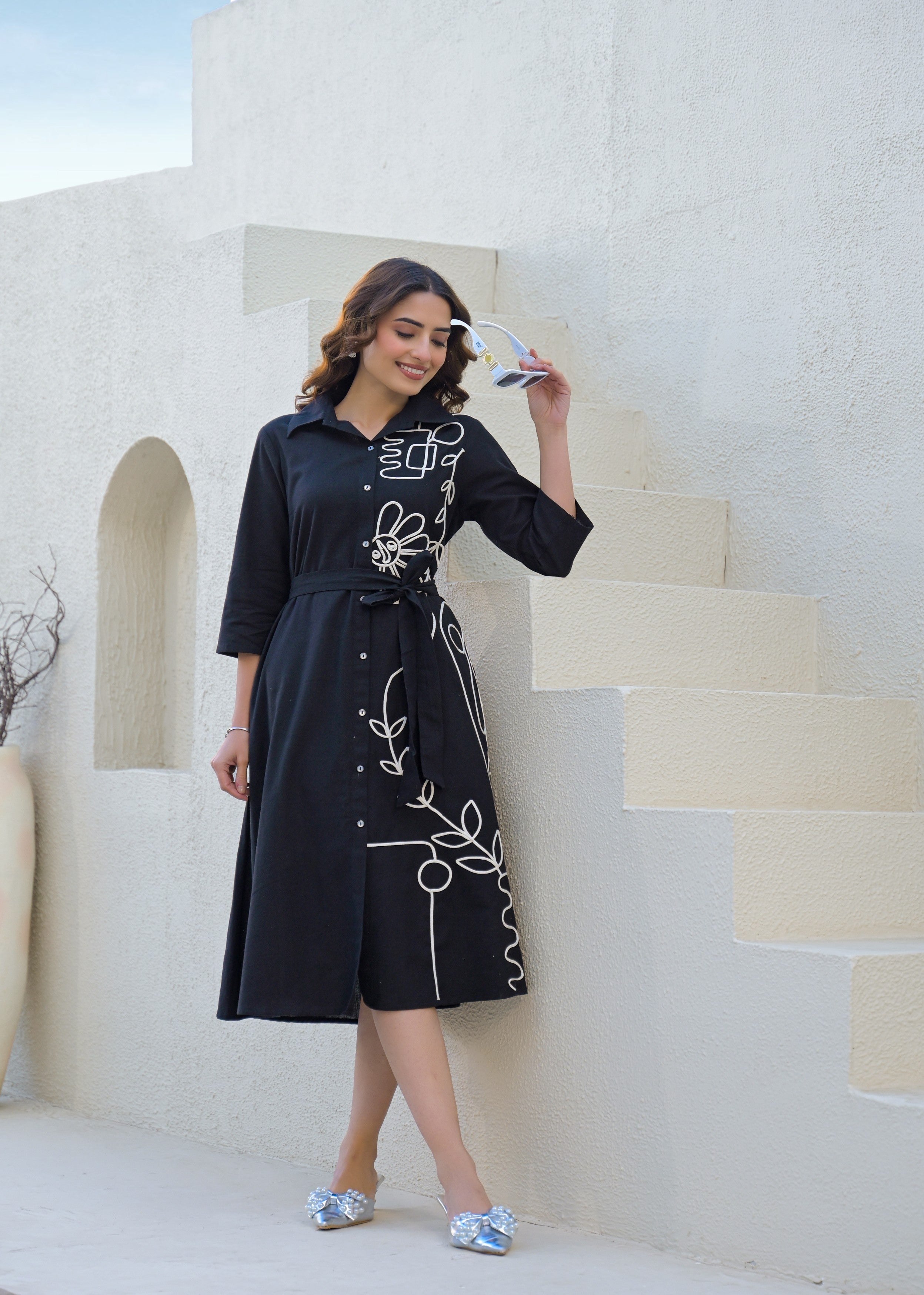 Black Abstract Line Art Cotton Shirt Dress