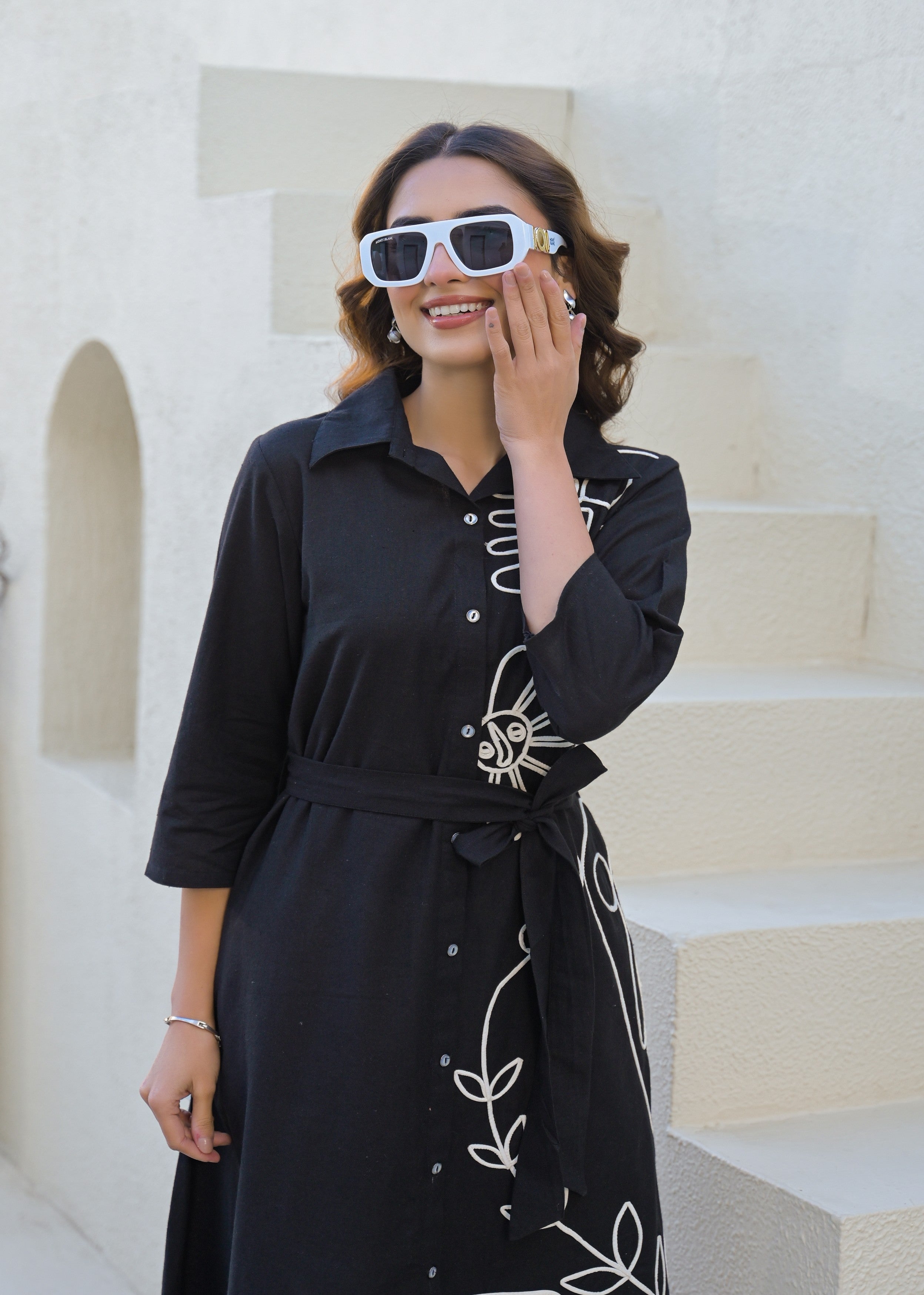 Black Abstract Line Art Cotton Shirt Dress