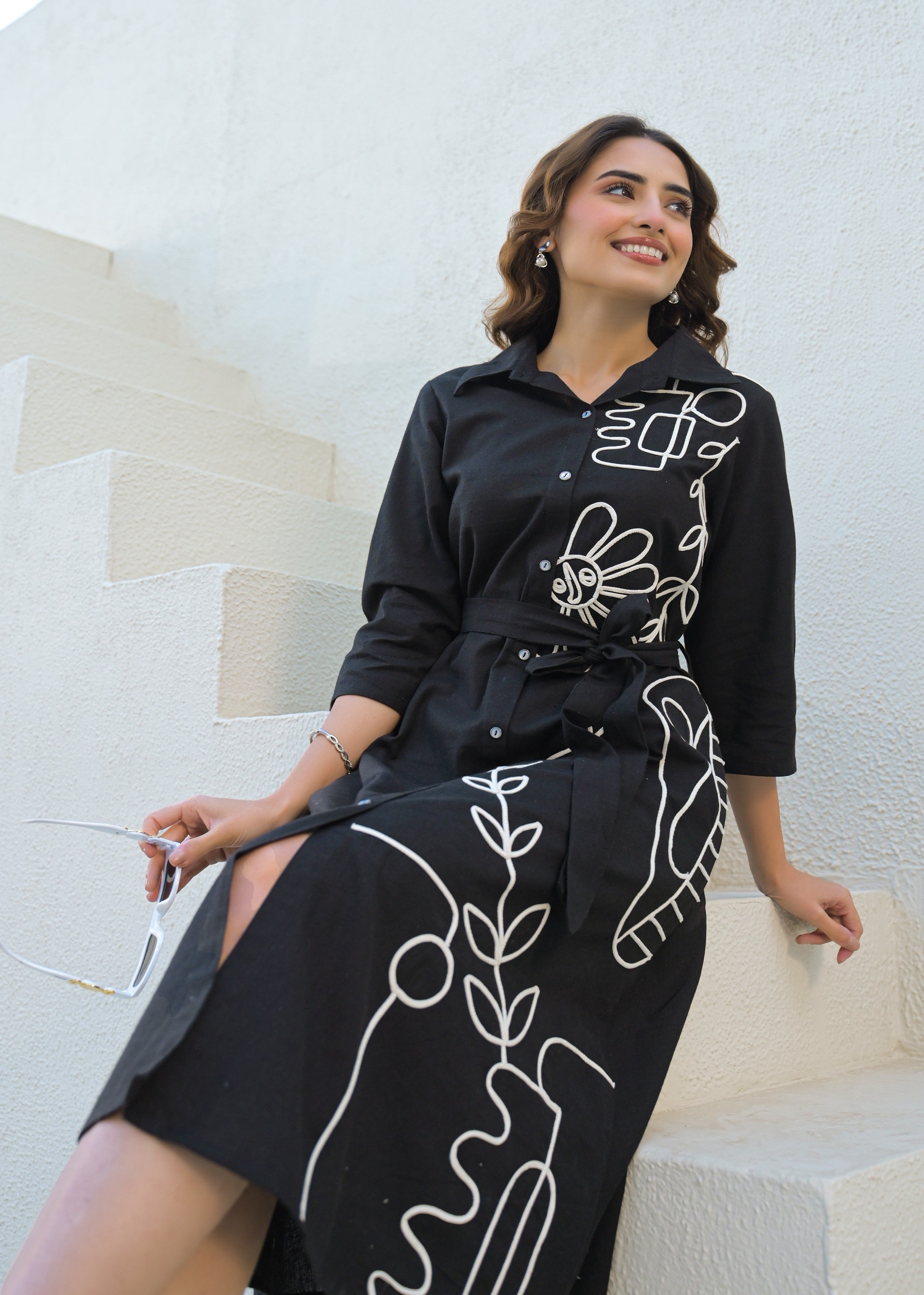 Black Abstract Line Art Cotton Shirt Dress