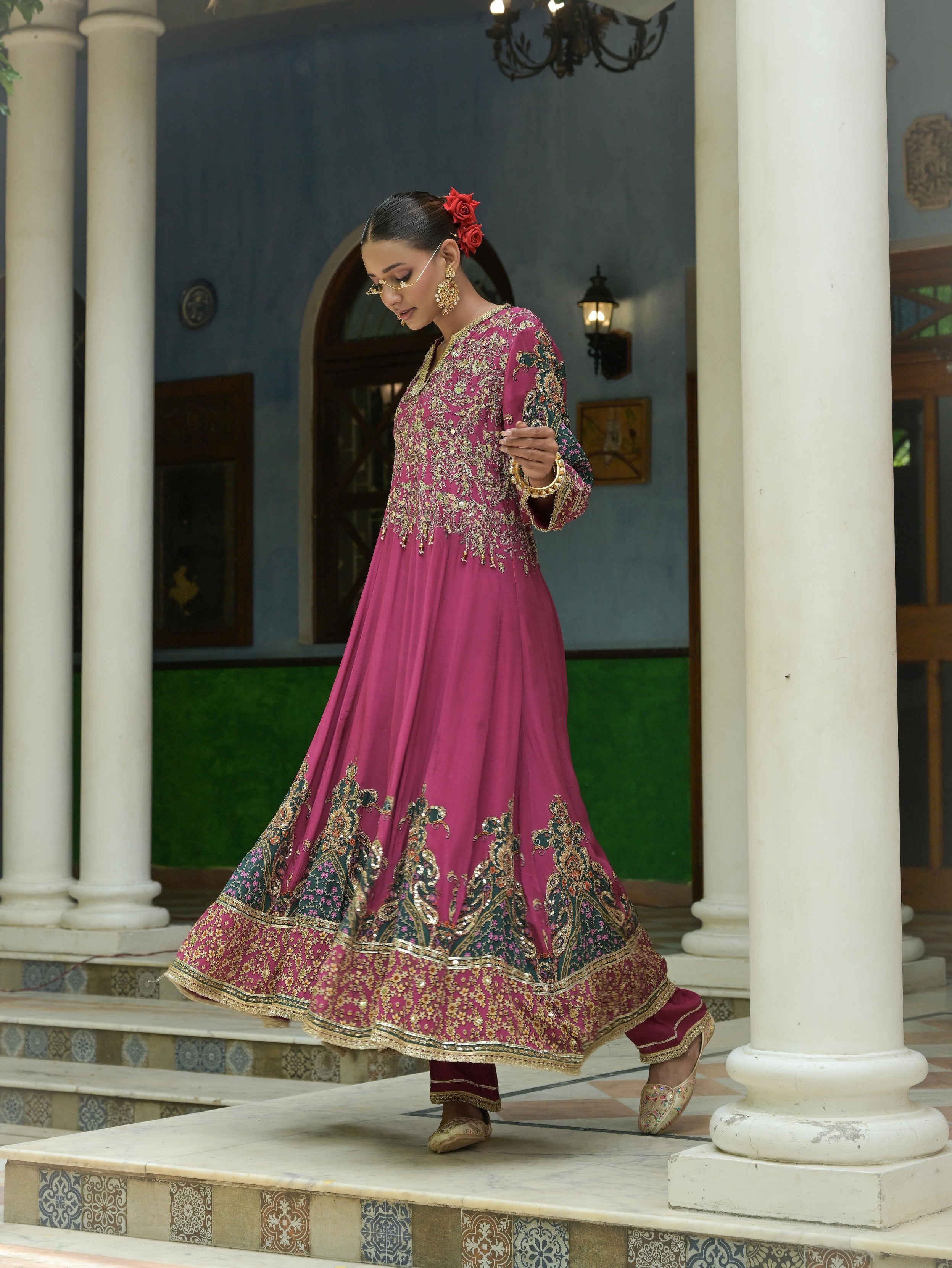 Rosy Pink Embellished Crepe Silk Anarkali Set