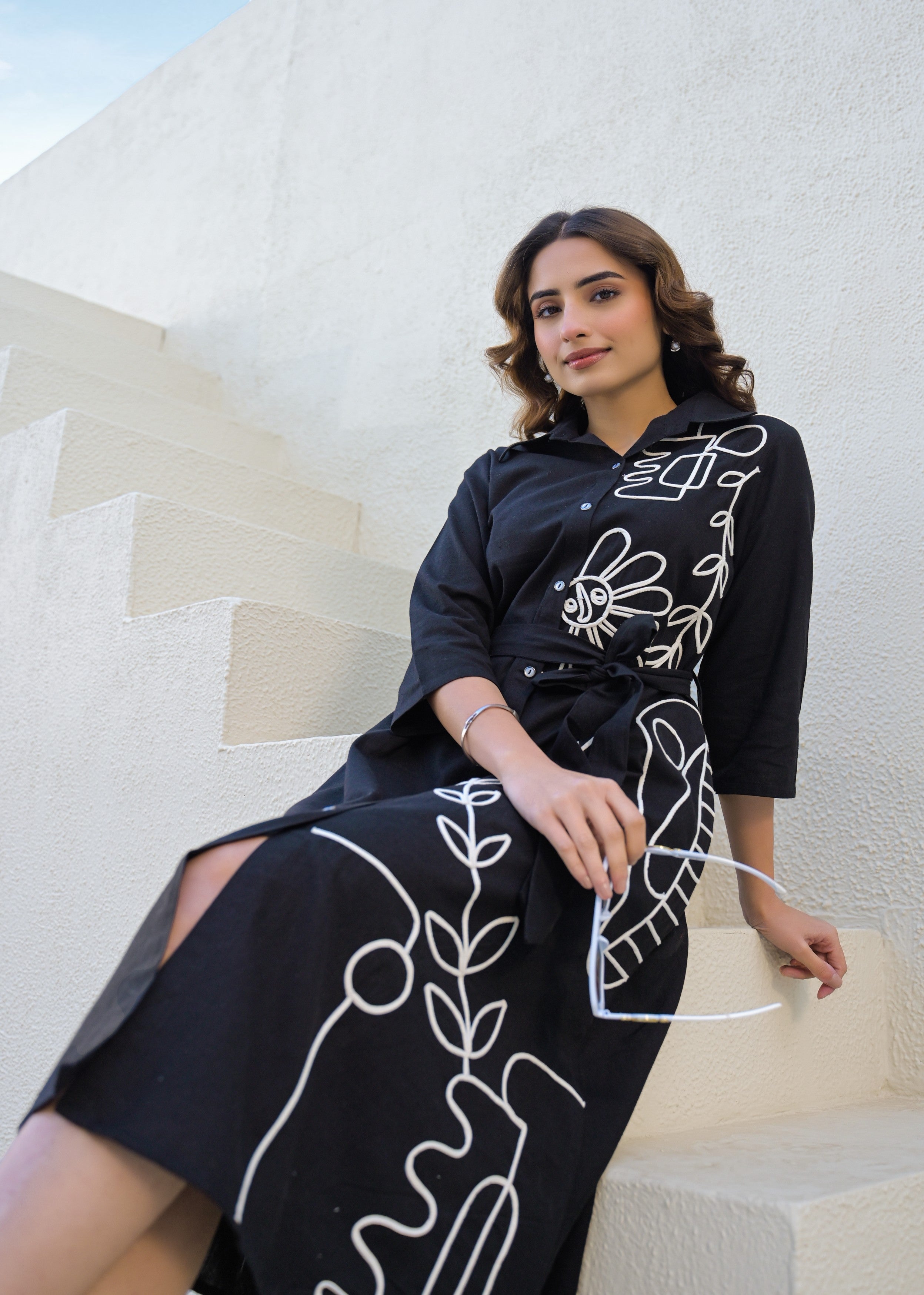 Black Abstract Line Art Cotton Shirt Dress