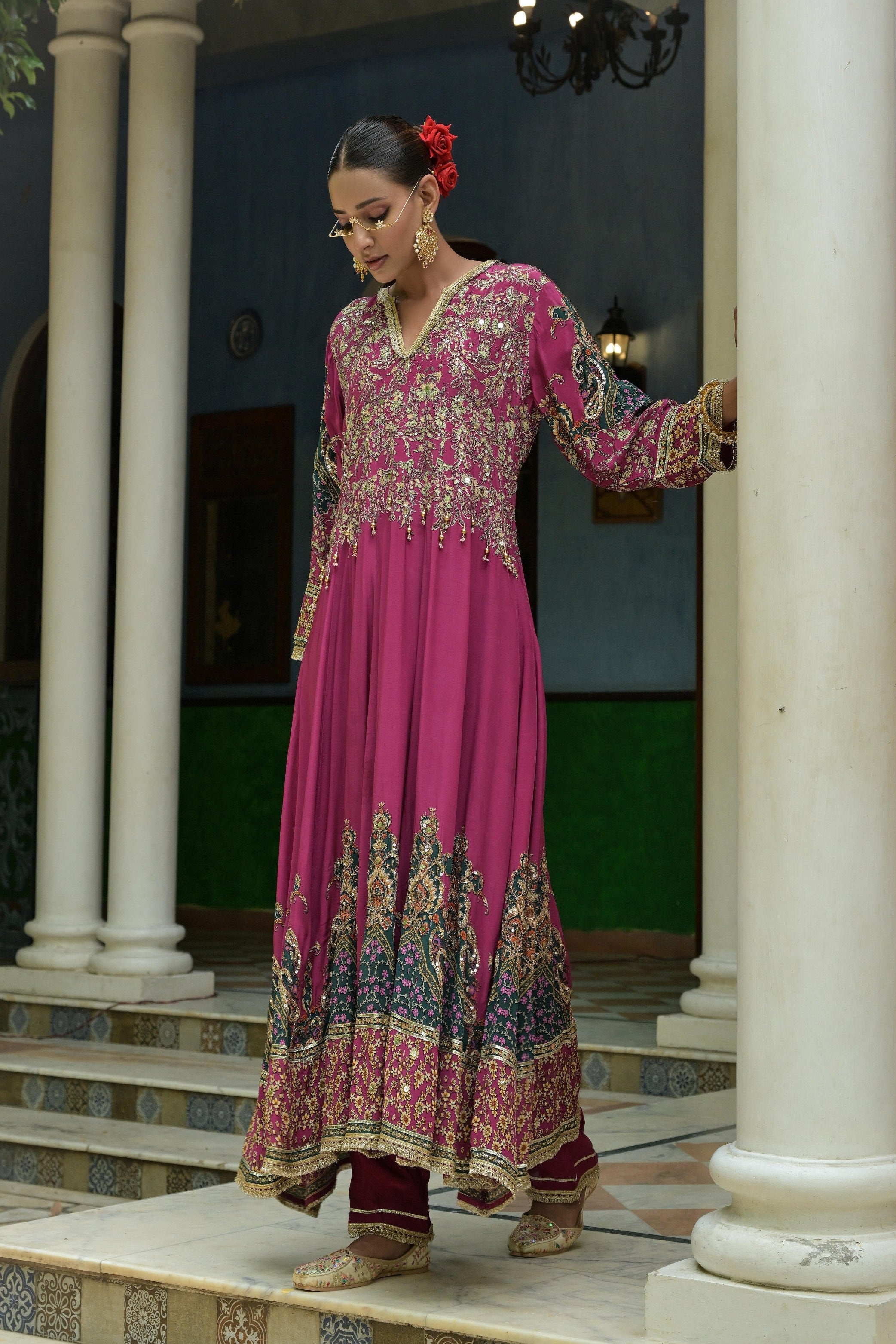 Rosy Pink Embellished Crepe Silk Anarkali Set