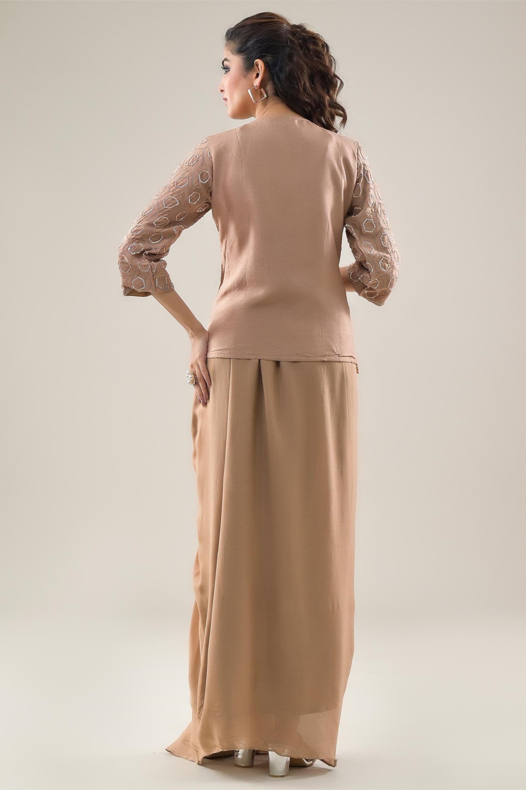 Beige Embellished Raw Silk Top & Skirt Set