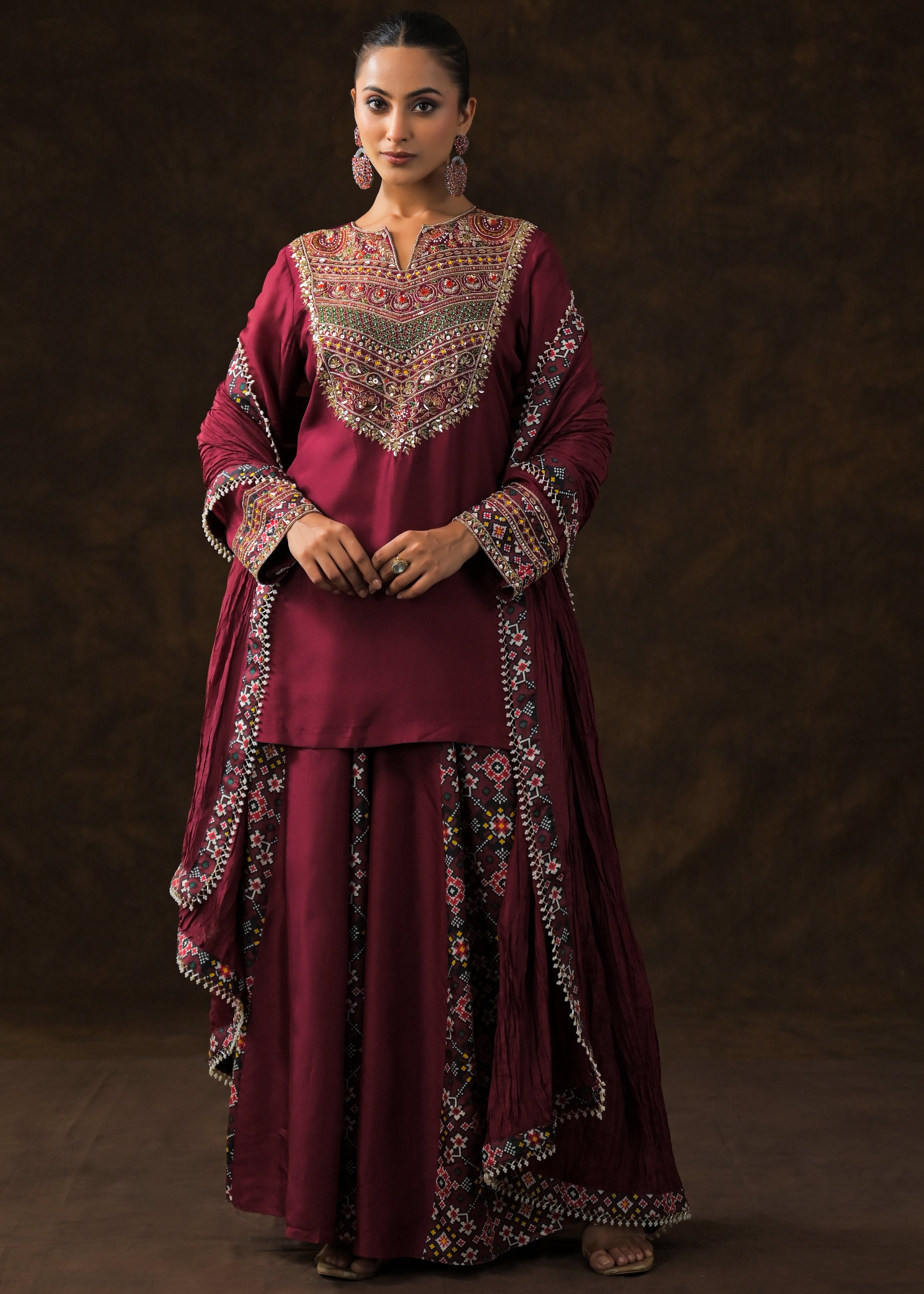 Magestic Maroon Embellished Raw Silk Palazzo Set