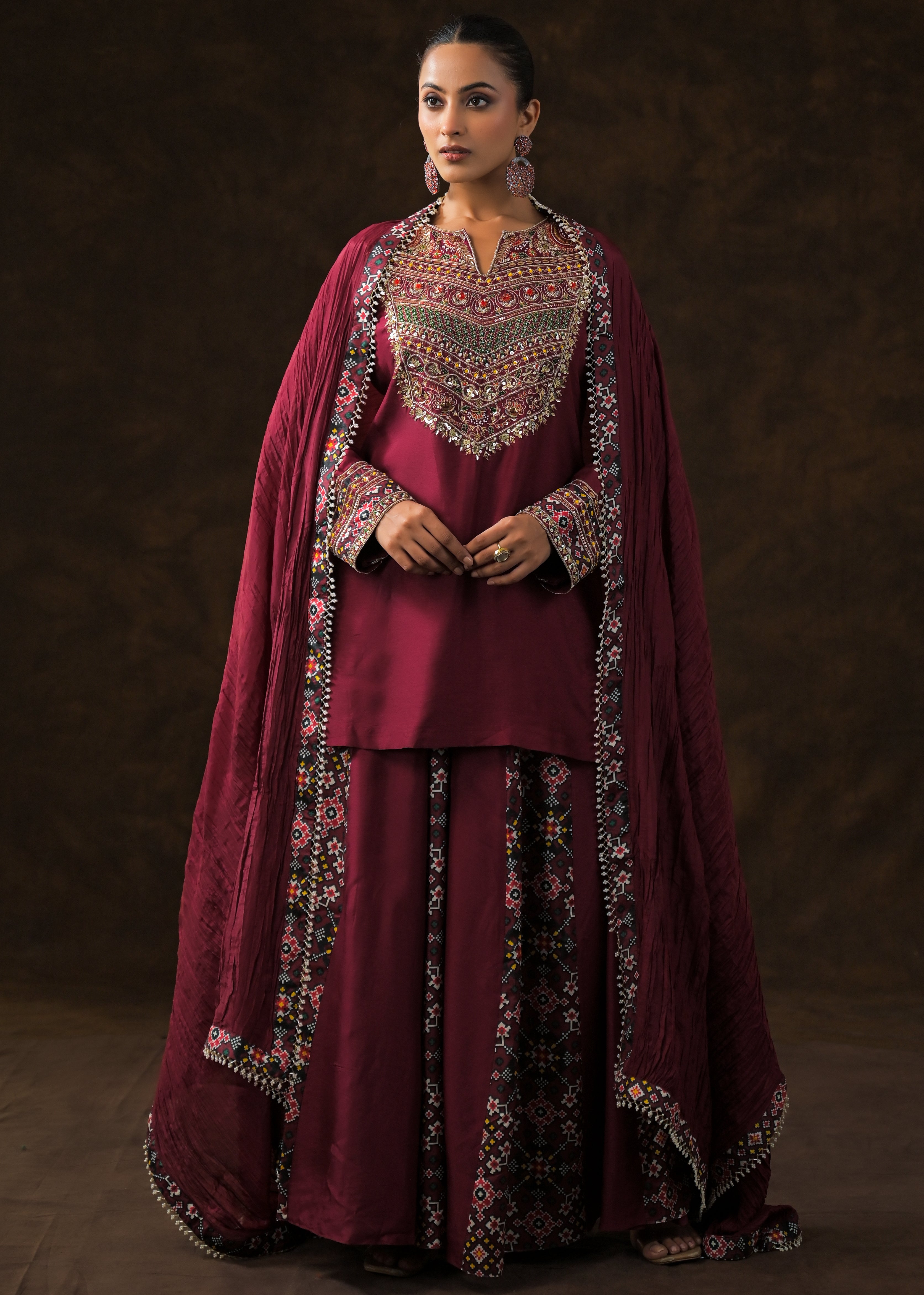 Magestic Maroon Embellished Raw Silk Palazzo Set