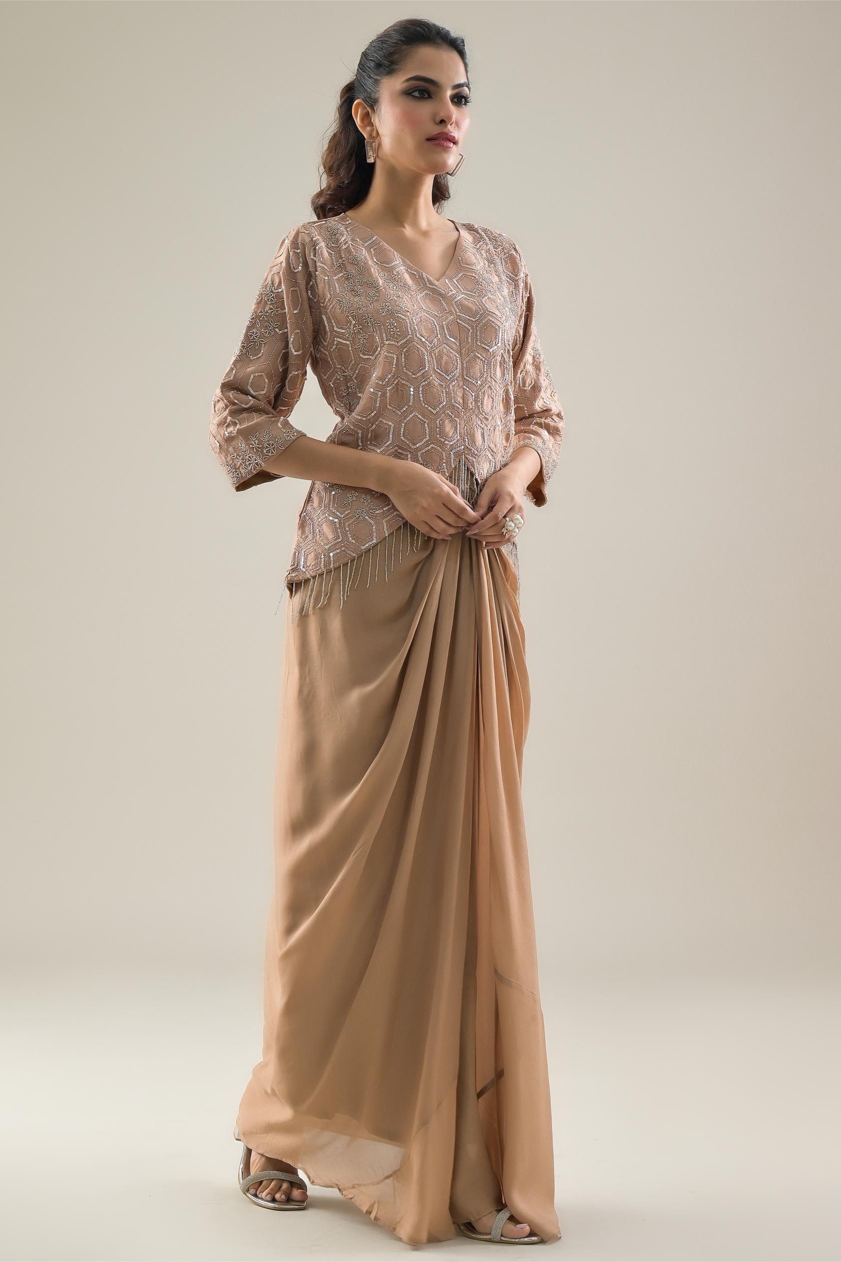 Beige Embellished Raw Silk Top & Skirt Set