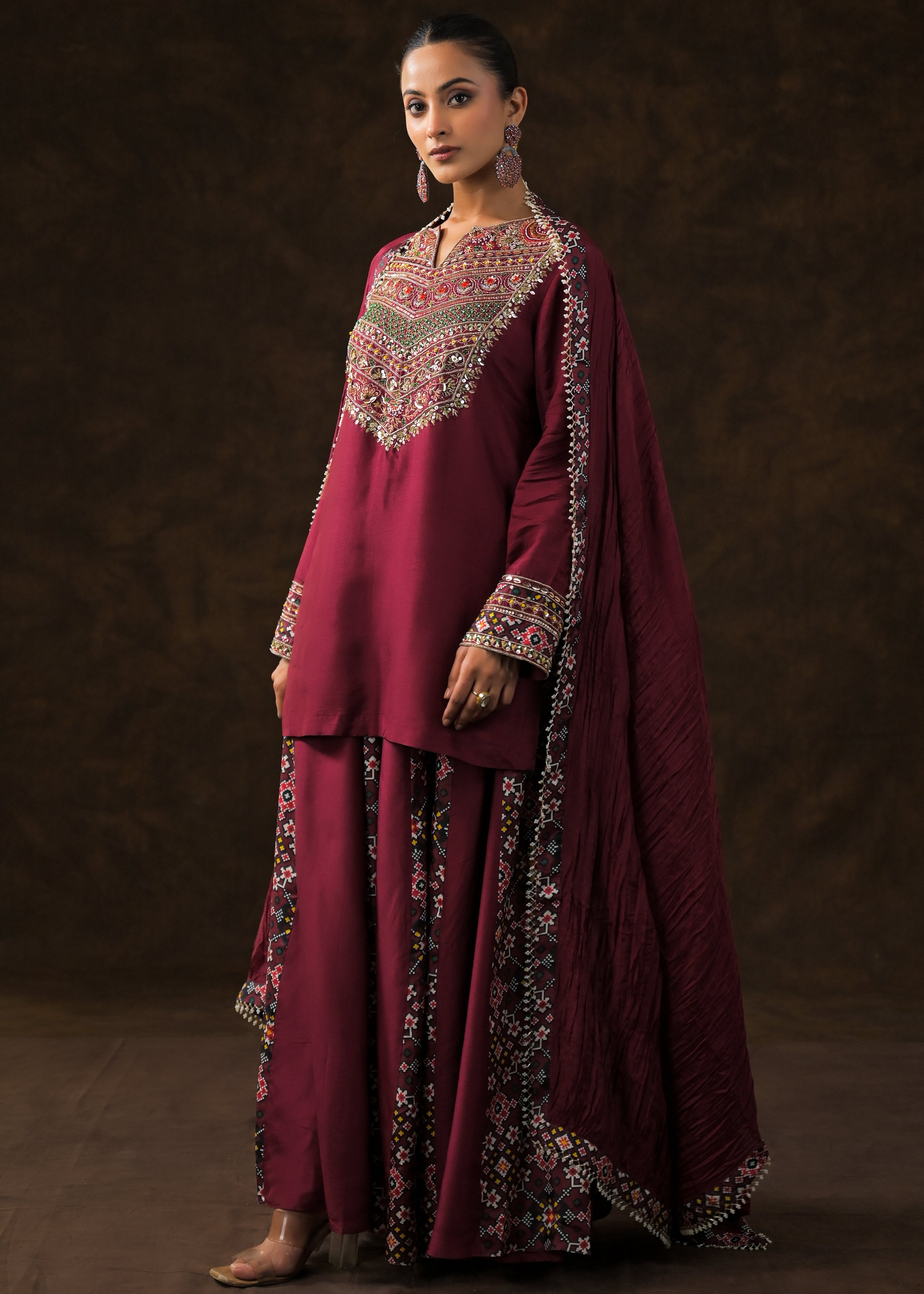 Magestic Maroon Embellished Raw Silk Palazzo Set
