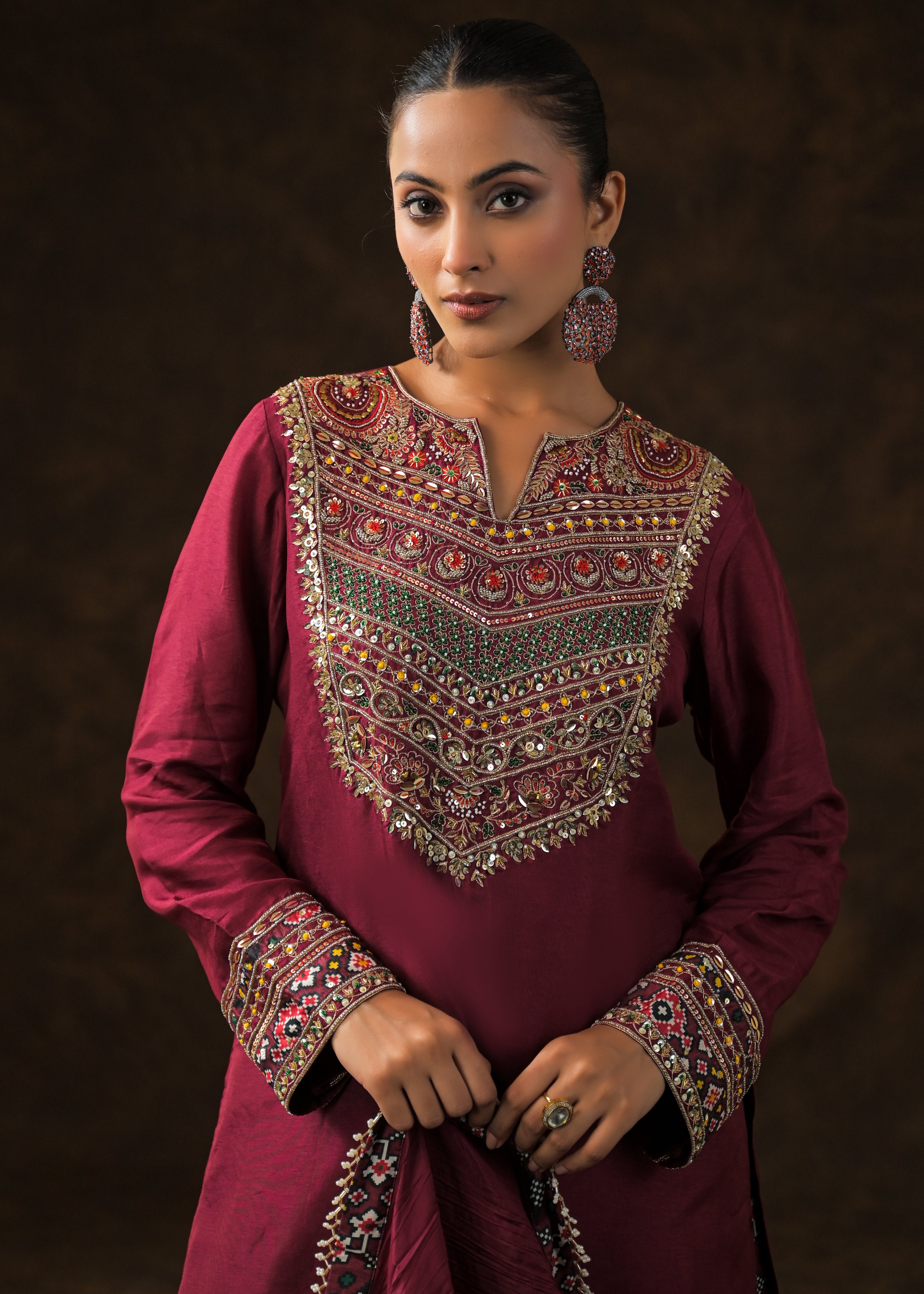 Magestic Maroon Embellished Raw Silk Palazzo Set