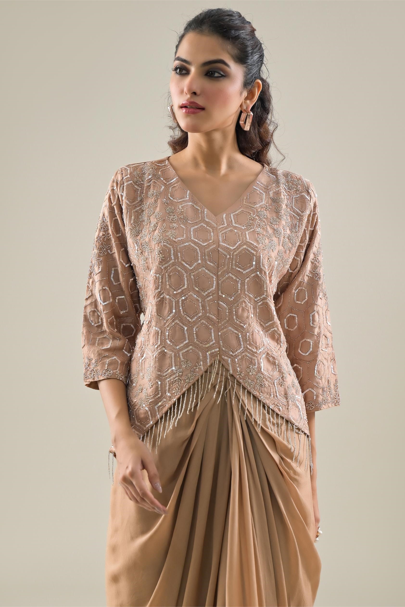 Beige Embellished Raw Silk Top & Skirt Set