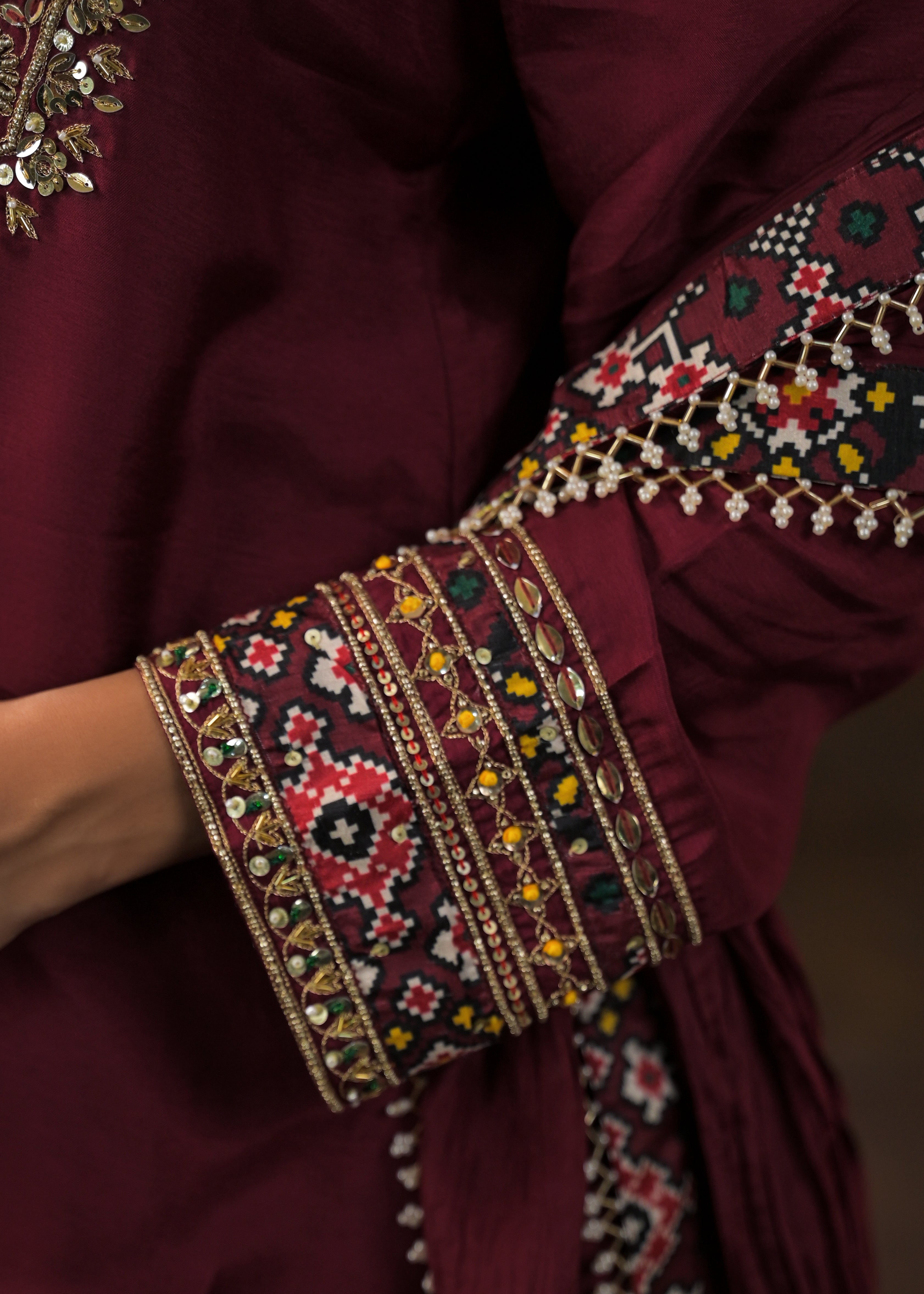 Magestic Maroon Embellished Raw Silk Palazzo Set