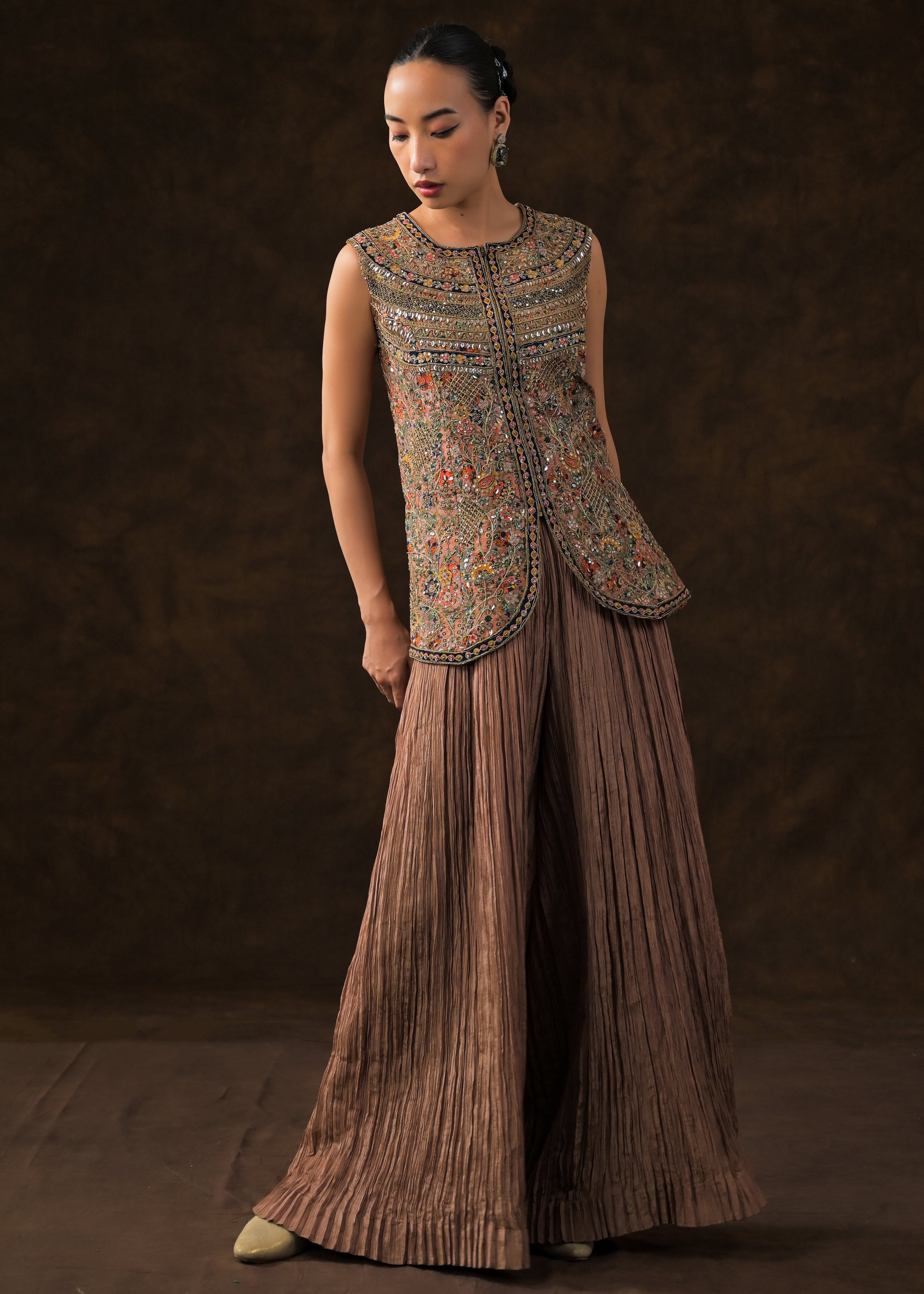 Chocolate Brown Embellished Shimmer Tissue Silk Palazzo Set