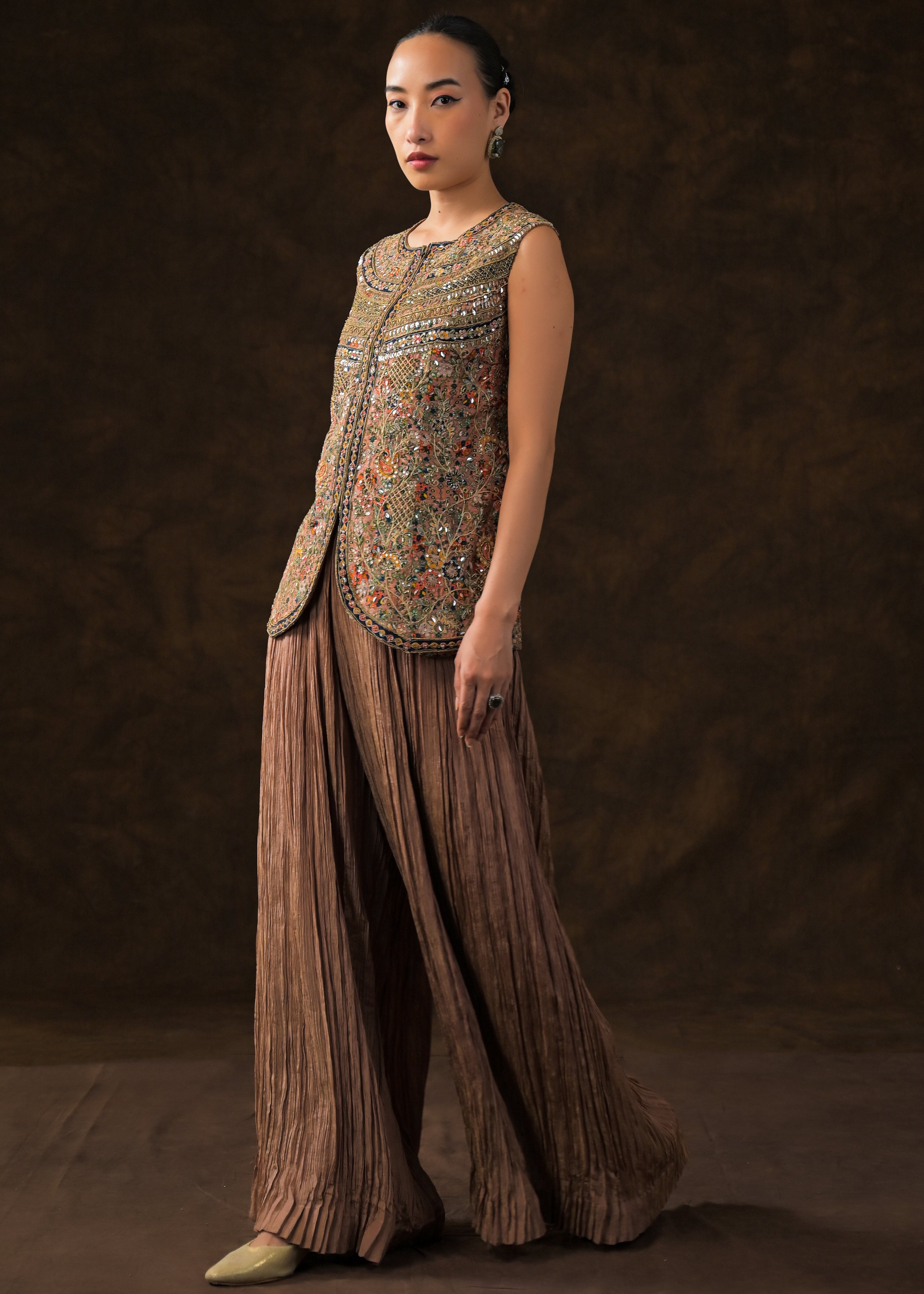 Chocolate Brown Embellished Shimmer Tissue Silk Palazzo Set