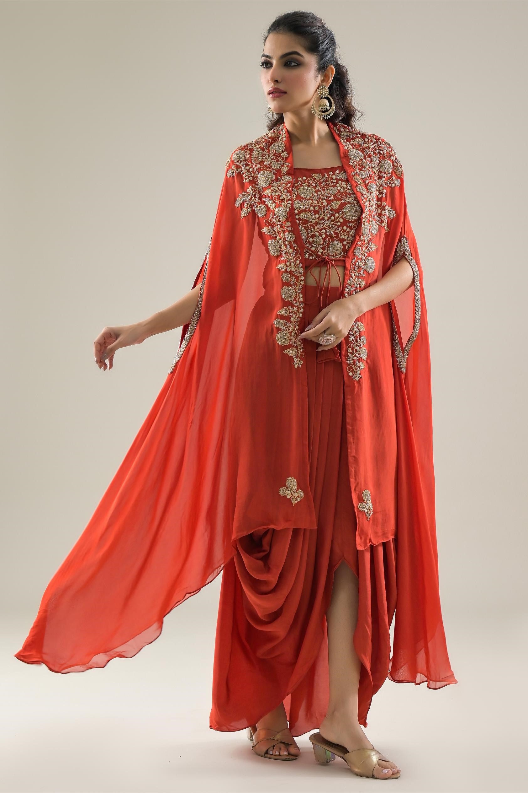 Orange Embroidered Organza Silk Cape Set