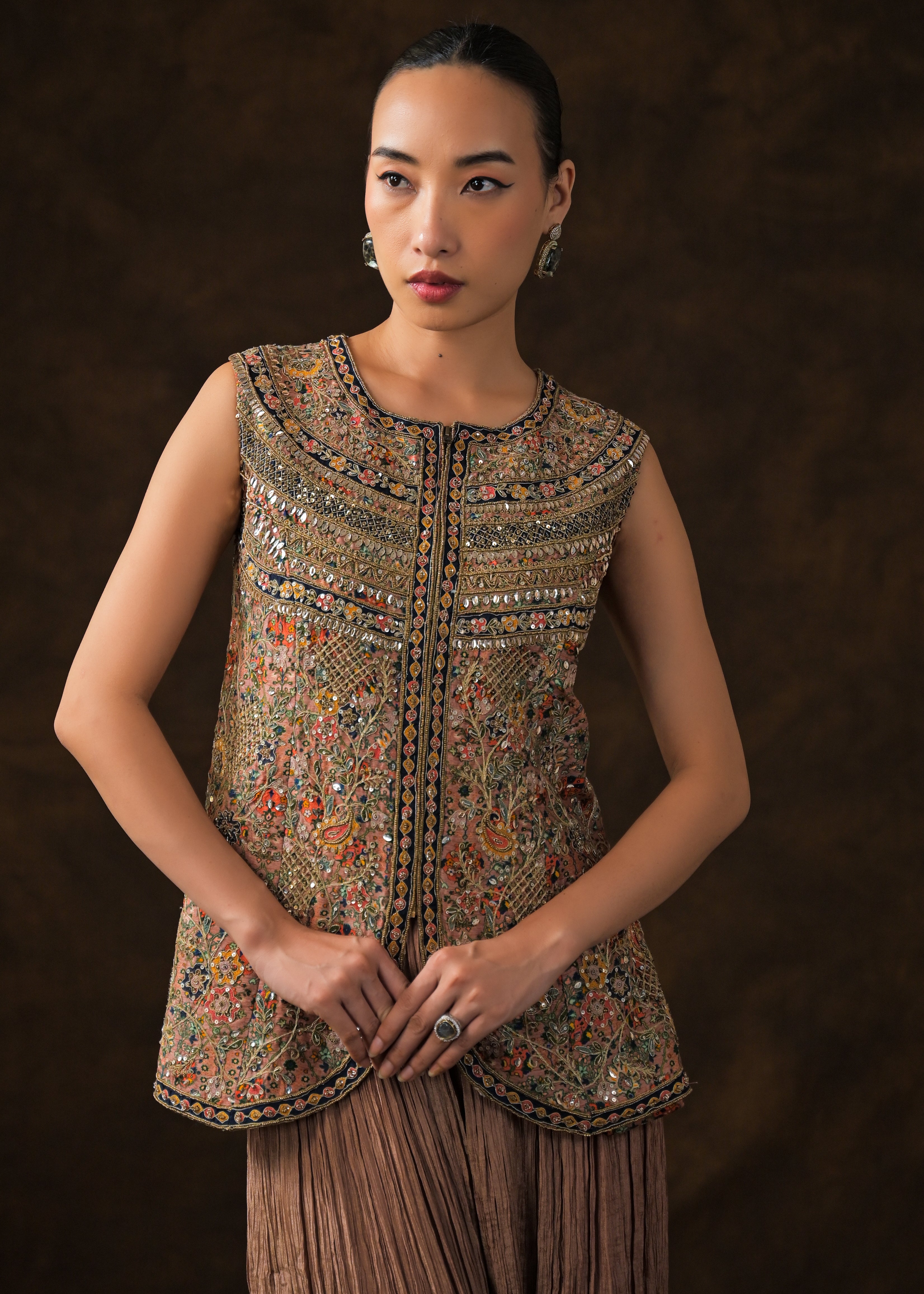 Chocolate Brown Embellished Shimmer Tissue Silk Palazzo Set