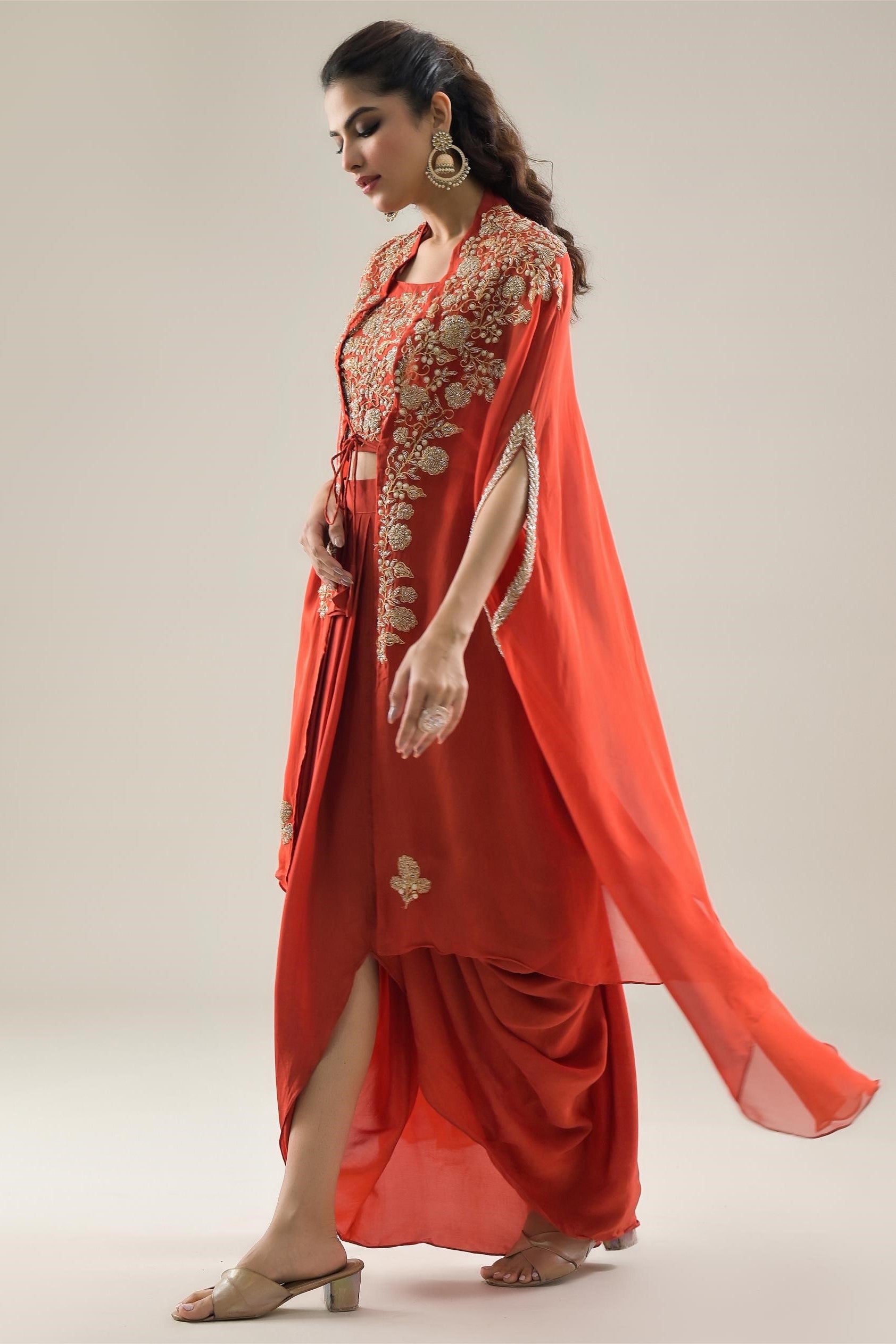 Orange Embroidered Organza Silk Cape Set