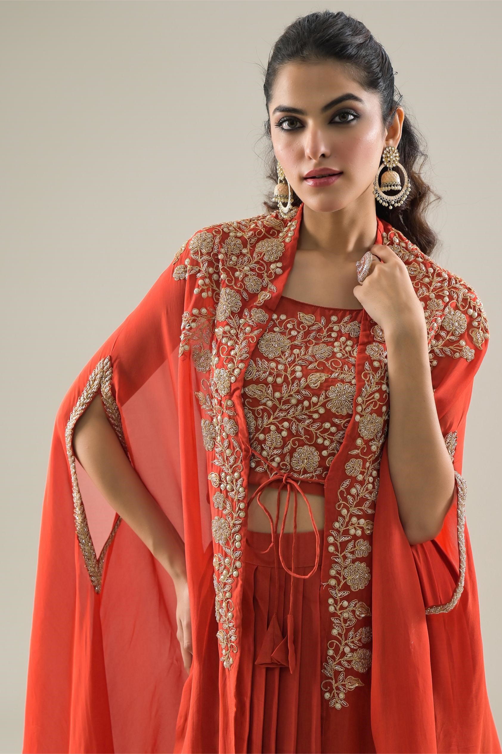 Orange Embroidered Organza Silk Cape Set