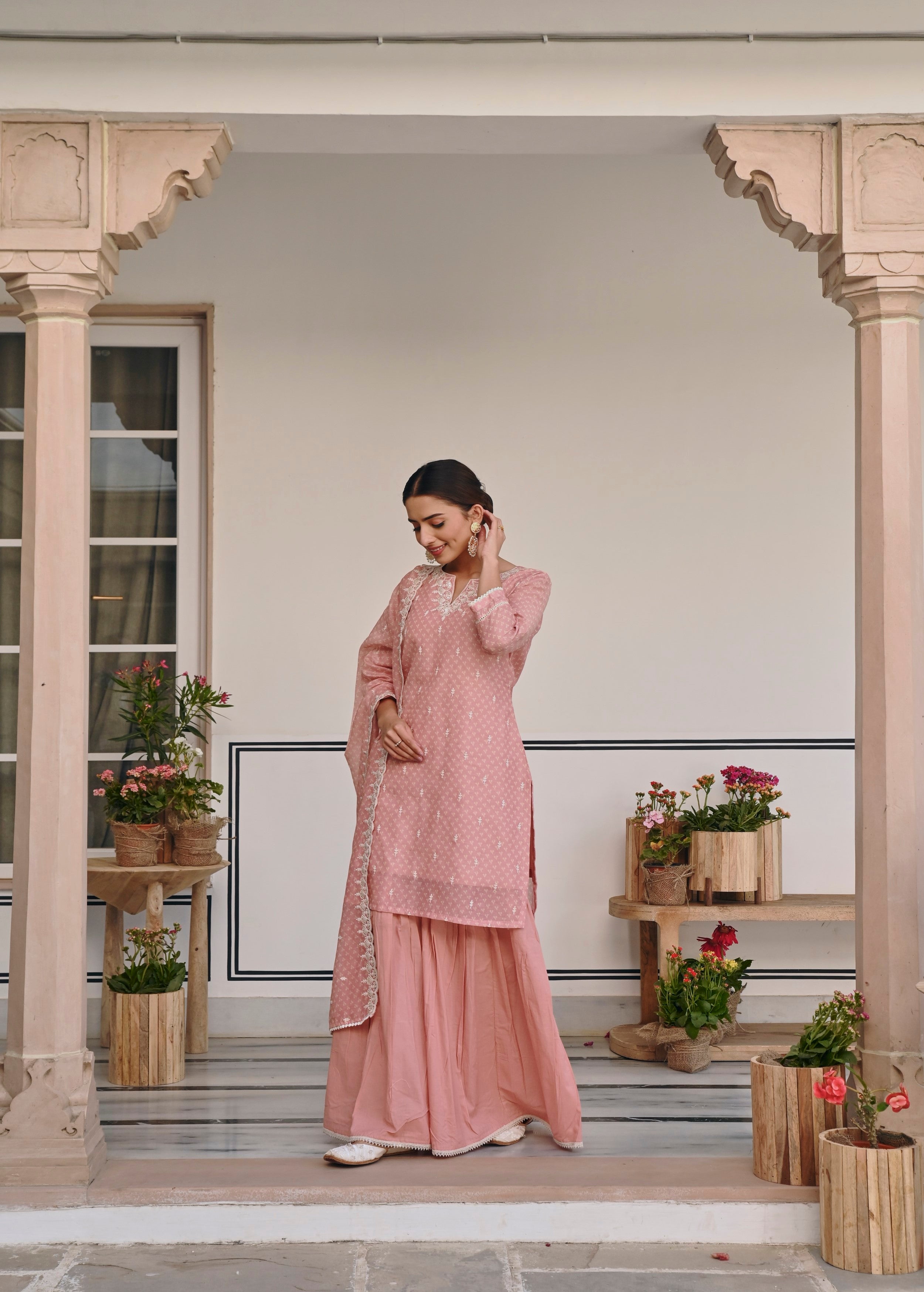 Peach Embroidered Chanderi Silk Sharara Set